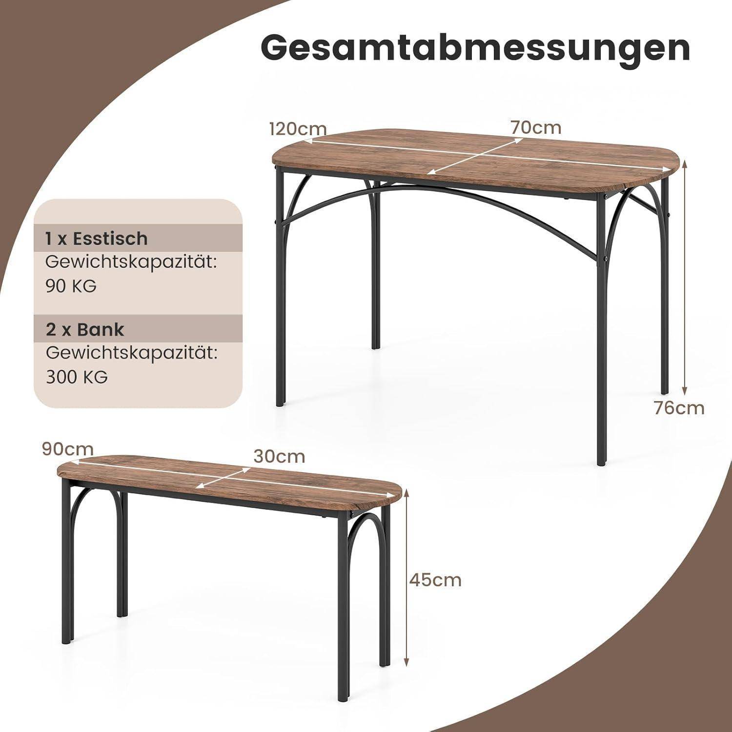 Deutsches Produktdiagramm mit Tisch- und Bankabmessungen: Tisch 120 x 70 cm, 76 cm hoch; Bank 90 x 30 cm, 45 cm hoch. Notizen zu Gewichtsbeschränkungen: Tisch 90 kg, zwei Bänke 300 kg.