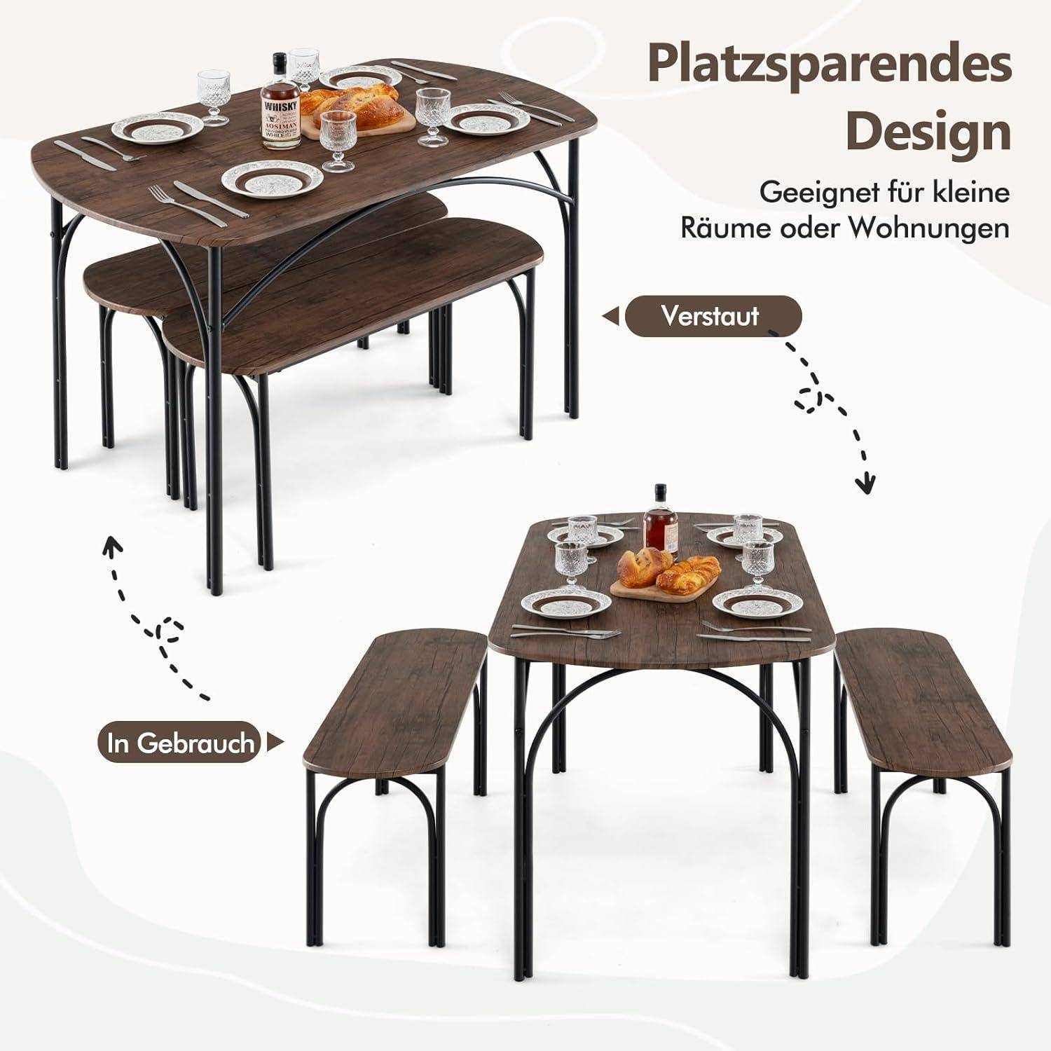 Kompaktes Esszimmer-Set, das sich zum Verstauen ineinander schachteln lässt; der deutsche Text besagt „platzsparendes Design