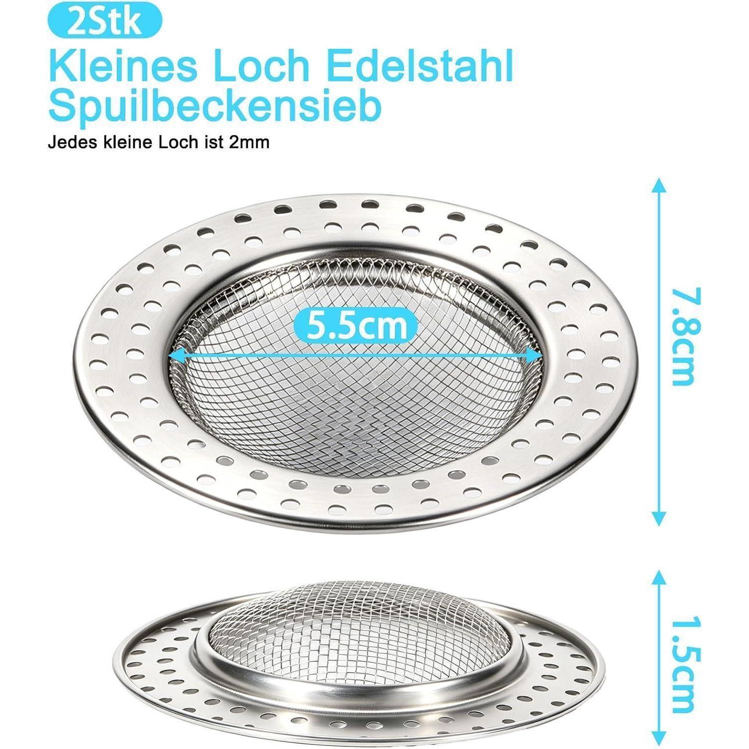 Produktbild von zwei Edelstahl-Spülbeckensieben mit kleinen Löchern; Text besagt „2 Stk Kleines Loch Edelstahl Spülbeckensieb
