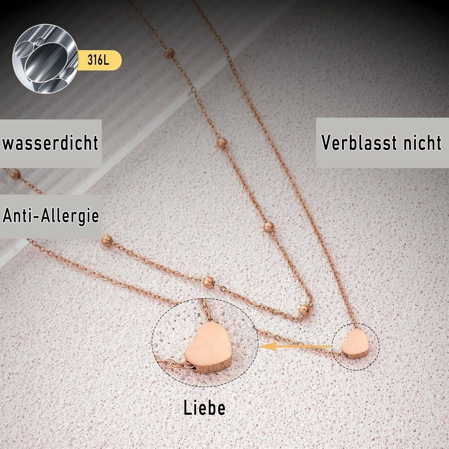 Herzförmige Anhängerkette aus 316L-Stahl, gekennzeichnet als wasserdicht, allergiefrei und verblasst nicht; Text sagt „Liebe