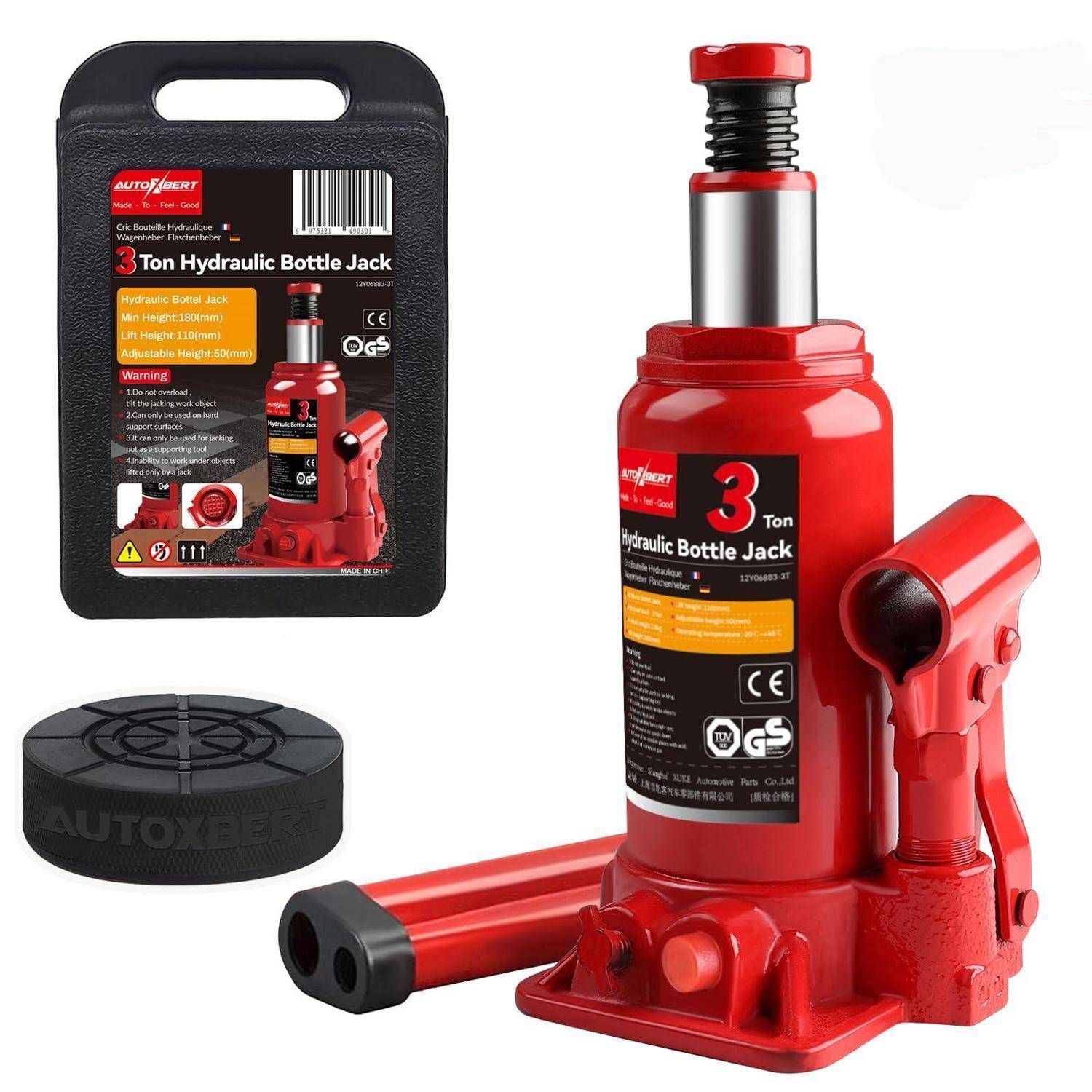 Roter 3-Tonnen-Hydraulischer Wagenheber mit Griff und Transportkoffer, dargestellt als Produktverpackung auf weißem Hintergrund.