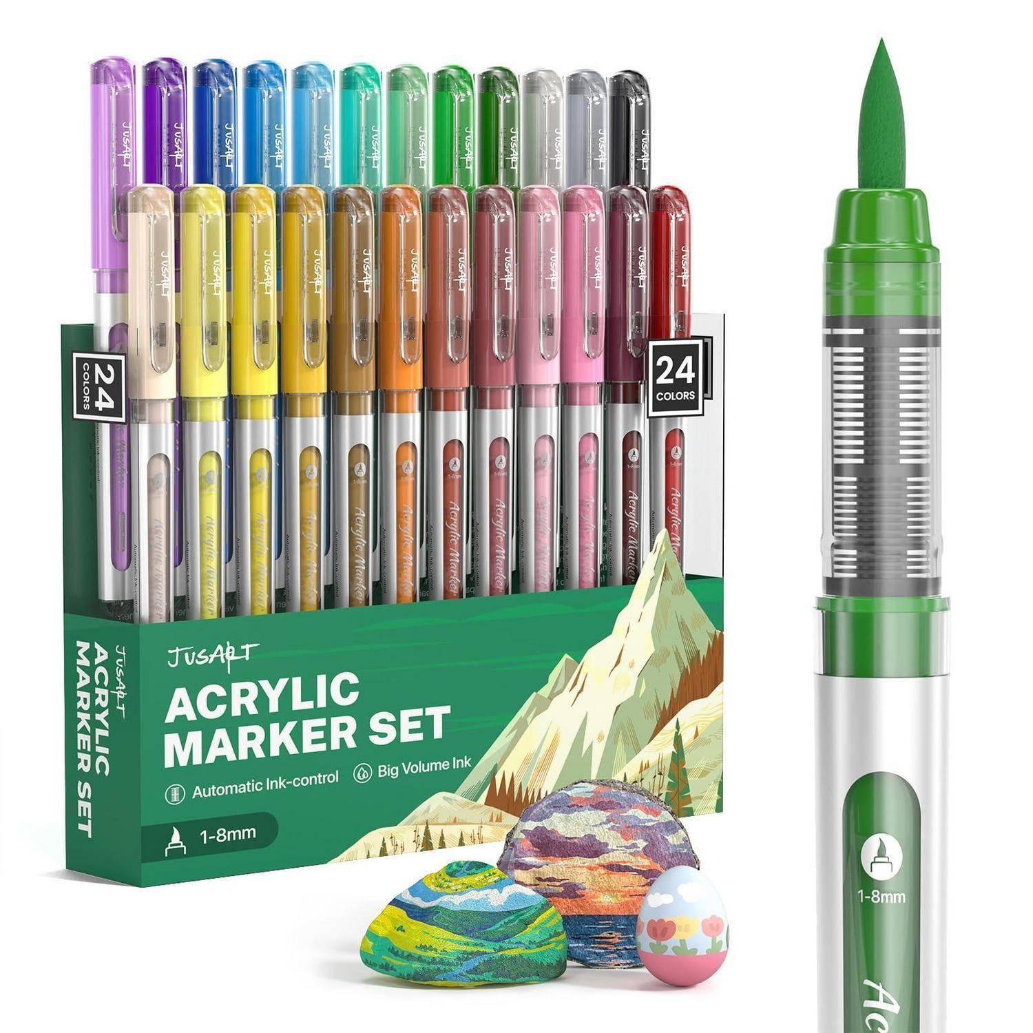 Kasten mit 24 farbigen Acrylmarkern mit einem separat gezeigten grünen Marker und bemalten Steinen, die Beispielkunstwerke zeigen.