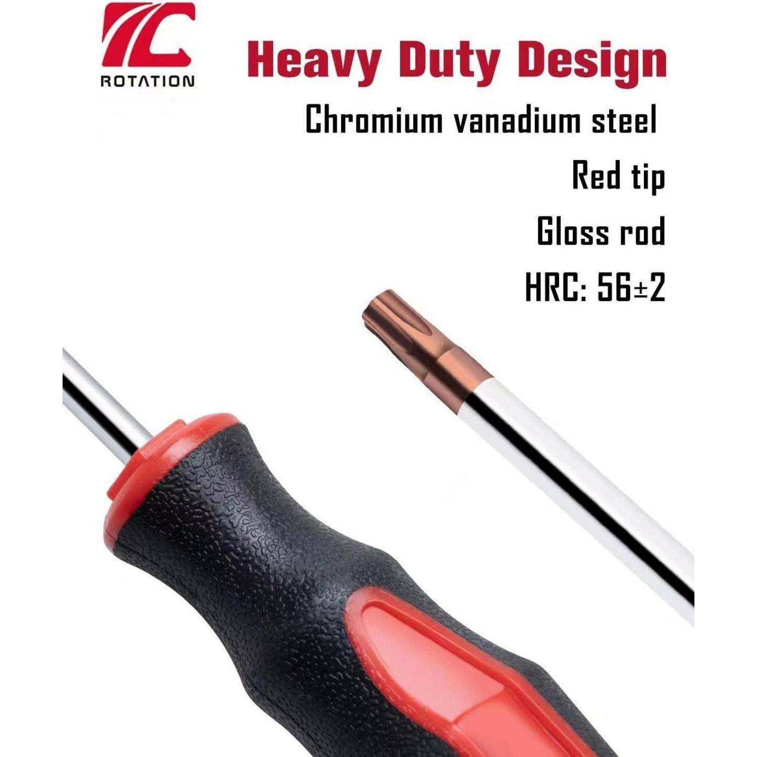 4-teiliges Torx-Schraubendreher-Set mit magnetischer Spitze, 4 Torx-Sternschraubendreher, T20, T25, T27, T30, rote Spitze | Rot, glänzend, S2-Stahl