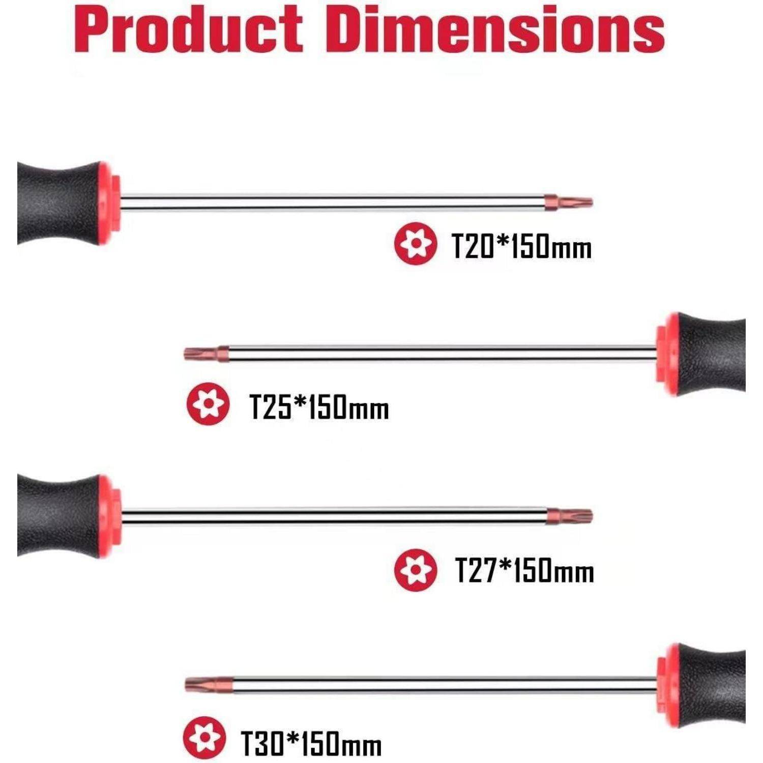 4-teiliges Torx-Schraubendreher-Set mit magnetischer Spitze, 4 Torx-Sternschraubendreher, T20, T25, T27, T30, rote Spitze | Rot, glänzend, S2-Stahl