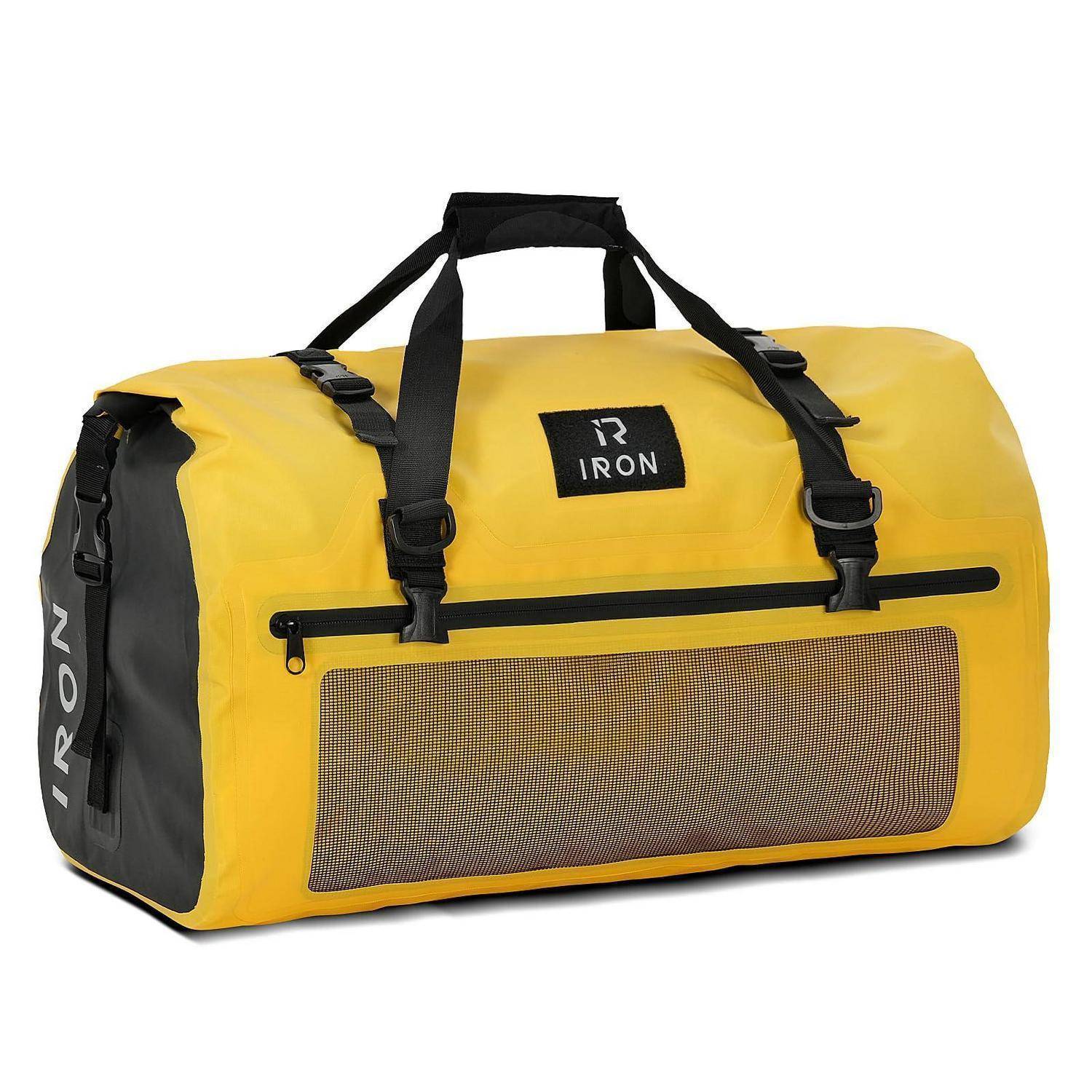 Gelb-schwarze Reisetasche im Duffel-Stil für Haustiere mit Griffen oben, Schultergurt und Mesh-Vorderfenster, mit der Bezeichnung „IRON
