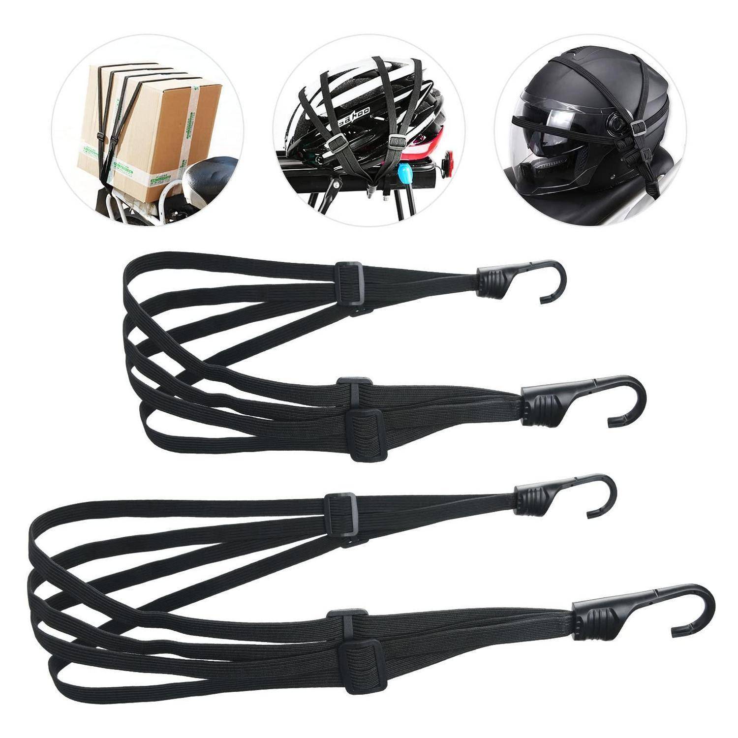 Schwarze elastische Ladungsnetze mit Hakenverschlüssen, die Gepäck sichern und an einem Motorradhelm oder einer Ladekiste befestigt sind.