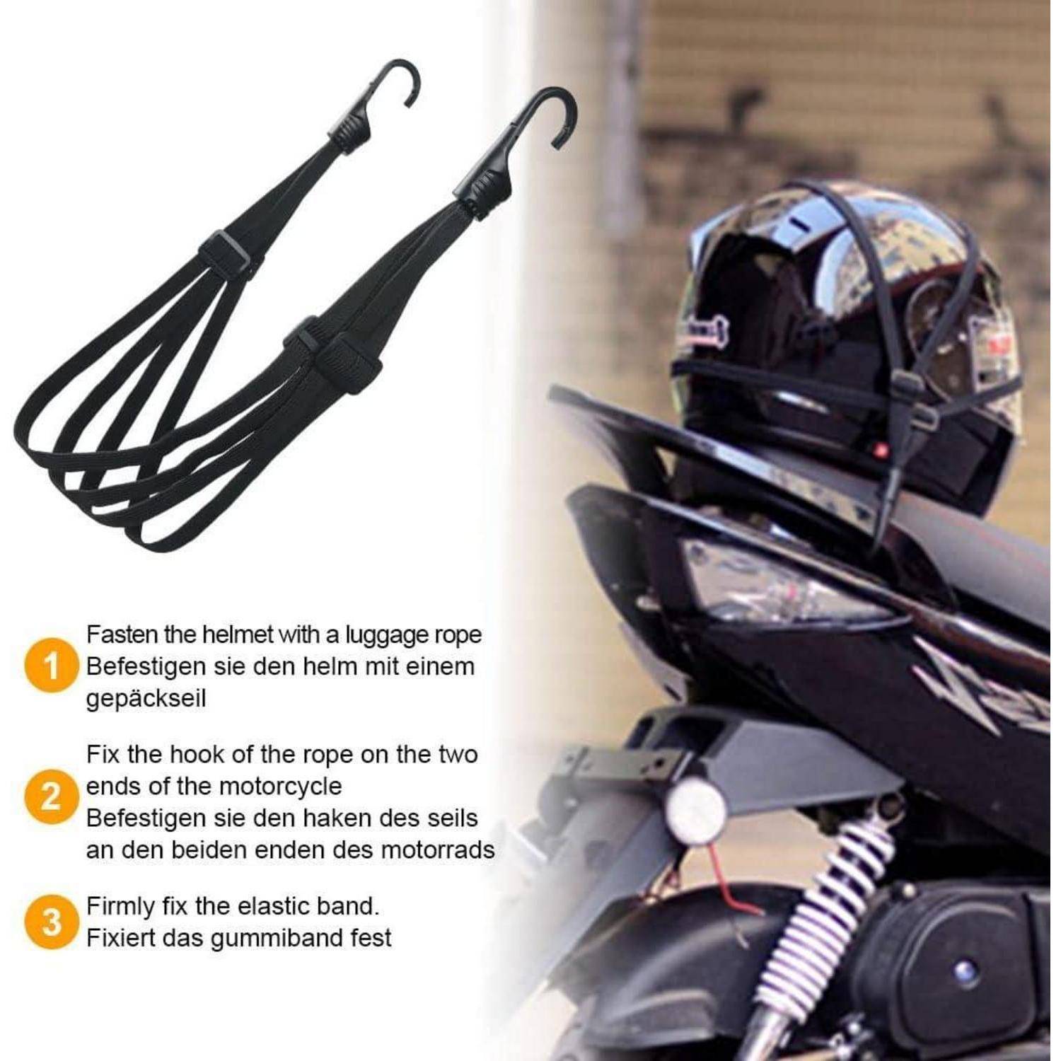 Anleitung zum Befestigen eines elastischen Gepäckseils, das zum Sichern eines Motorradhelms an einem Motorrad verwendet wird, indem es an das Motorrad gehängt und das Band um den Helm befestigt wird.