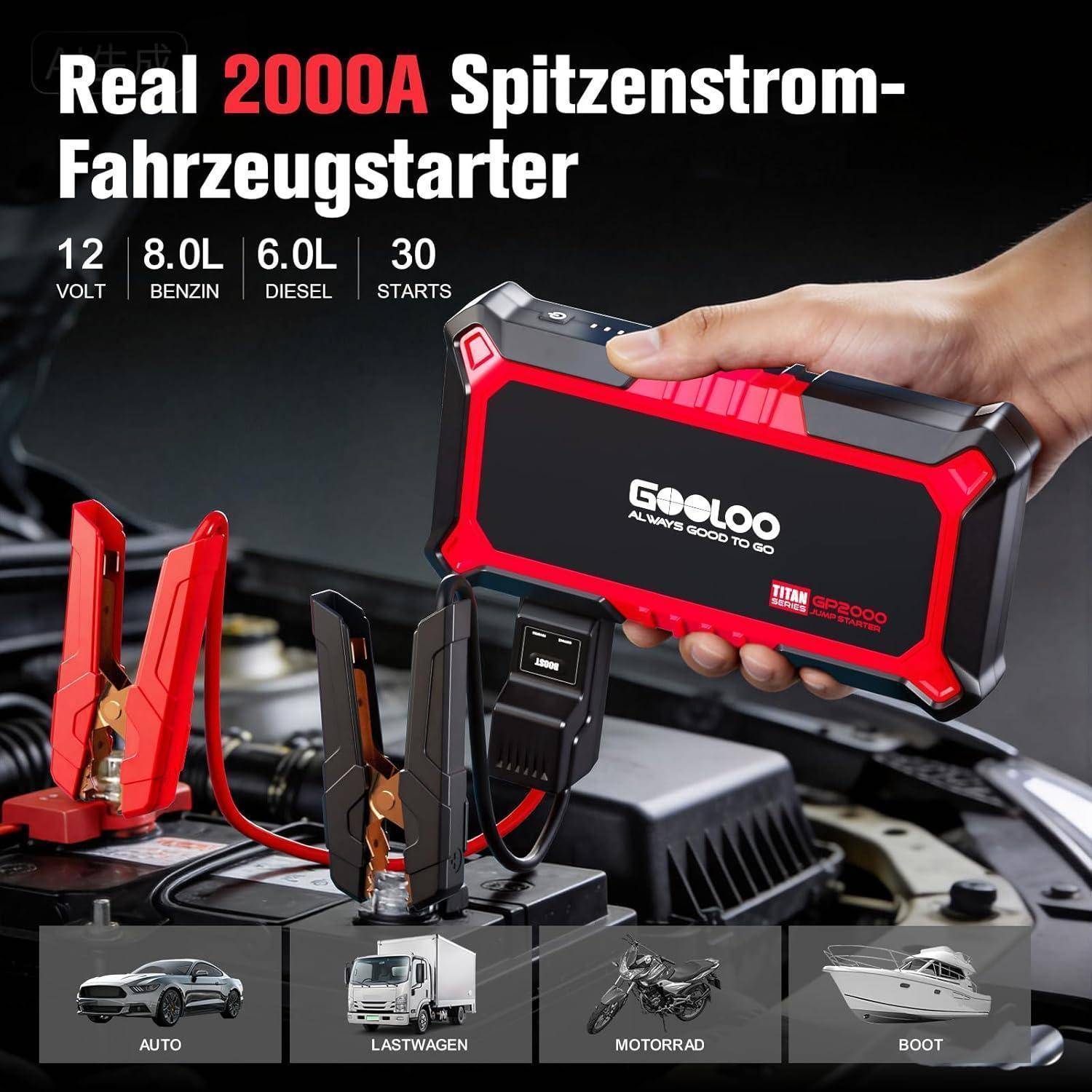 Werbebild eines GOOLOO 2000A tragbaren Starthilfegeräts, das über einem Automotor gehalten wird, mit Text, der 12V, 8,0L Benzin, 6,0L Diesel und 30 Starts bewirbt; Symbole zeigen die Verwendung für Auto, Lastwagen, Motorrad und Boot.