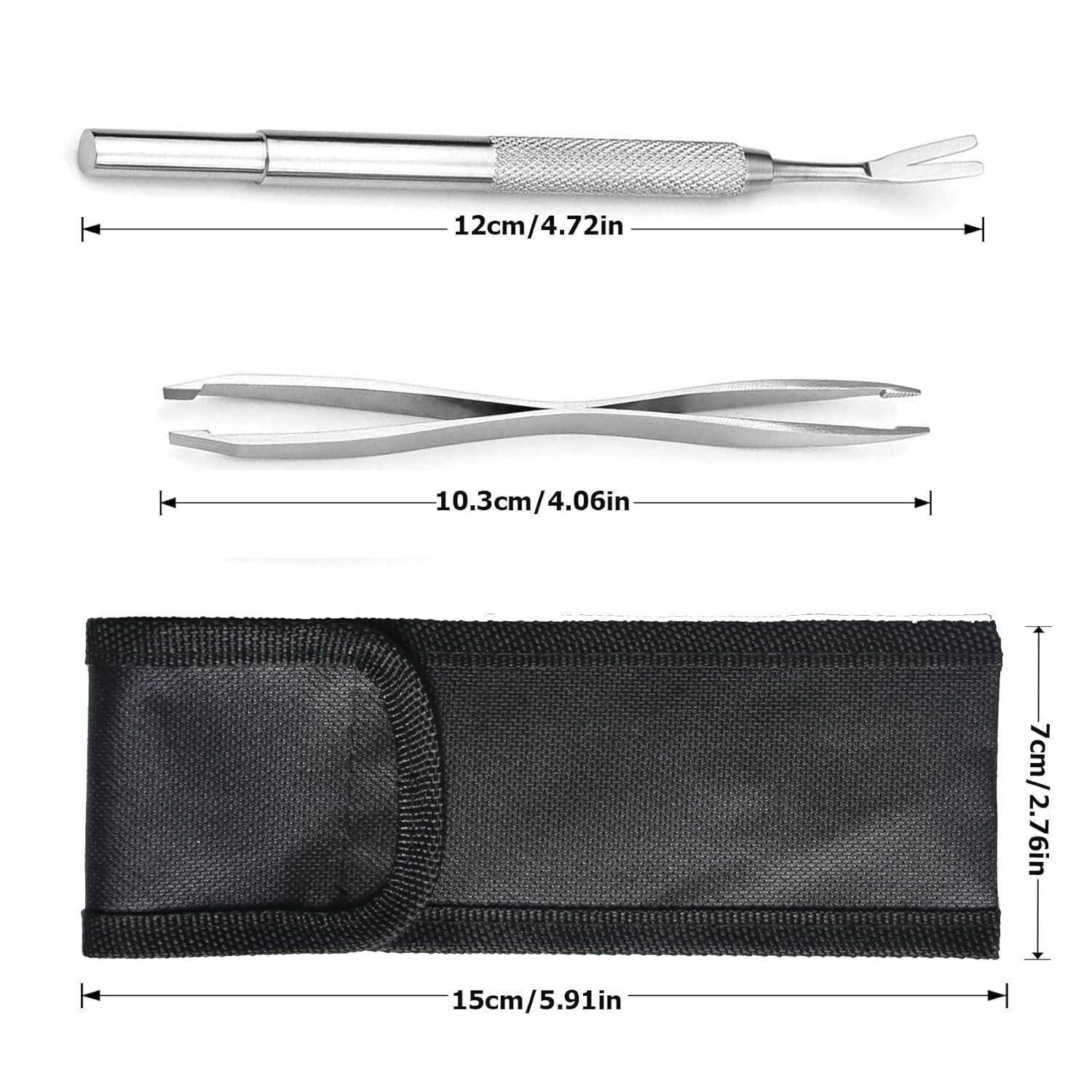 Produktbild eines Edelstahl-Ohrlöffels und einer Pinzette mit schwarzer Tragetasche, jeweils mit den Abmessungen: 12 cm, 10,3 cm und 15 x 7 cm.