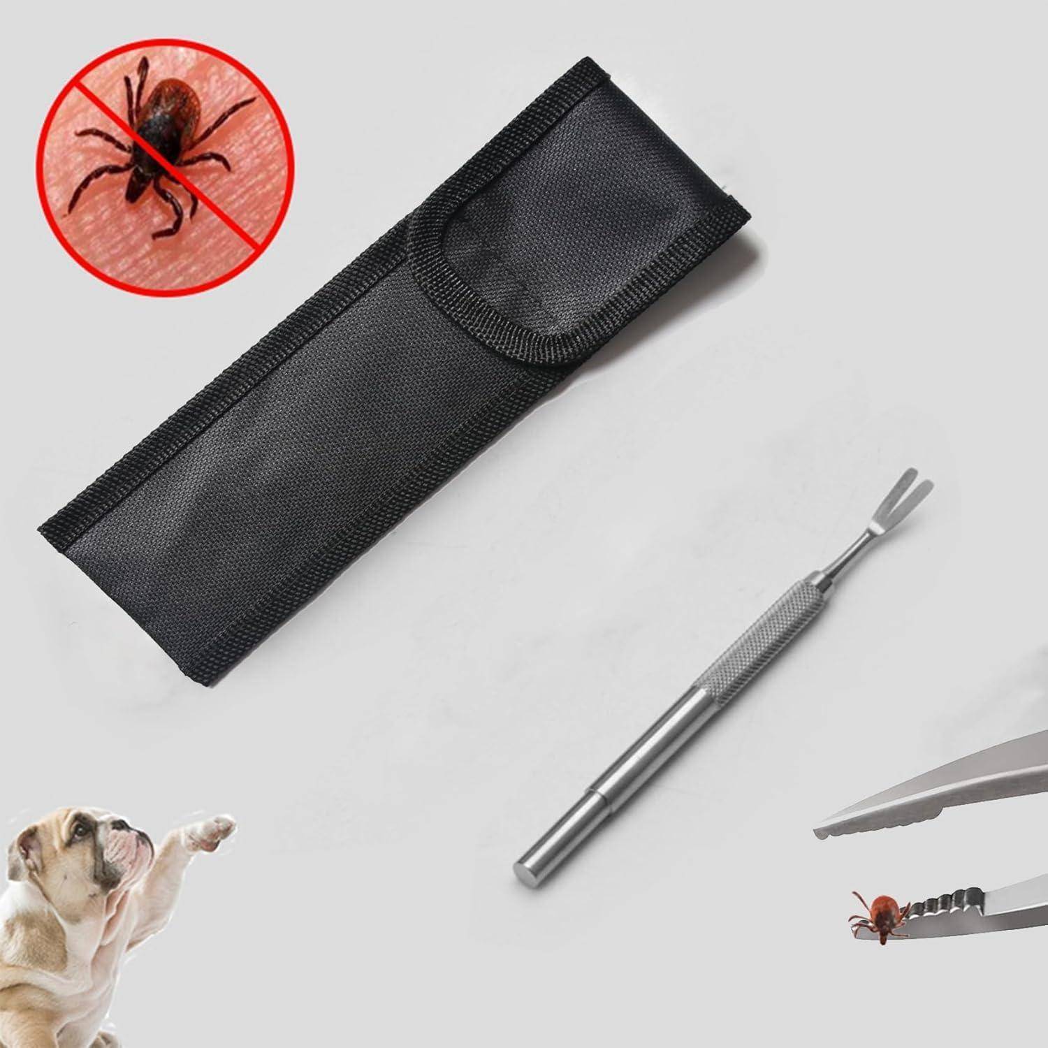Zeckenentfernungs-Werkzeugset mit schwarzem Etui und Metallpinzette, gezeigt mit durchgestrichener Zecke und Kontext der Hausteiersicherheit.
