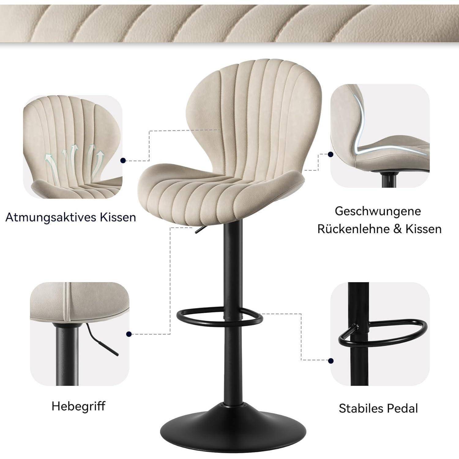 Beige verstellbarer Barhocker mit schwarzem Fuß, gekennzeichnete Merkmale: atmungsaktives Kissen, gebogene Rückenlehne und Sitz, Hubhebel und stabales Fußpedal.