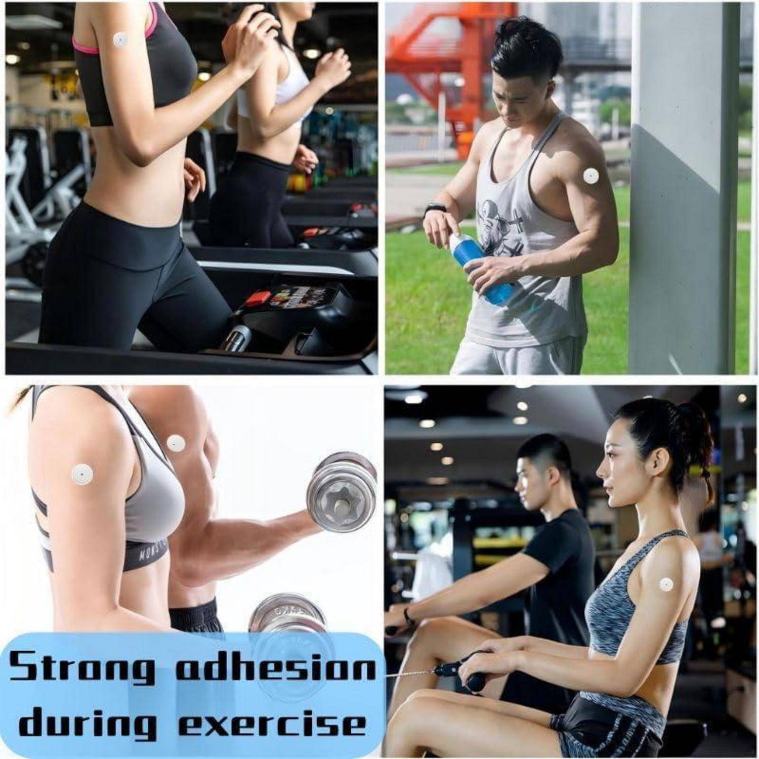 Collage von Fitness-Szenen mit selbstklebenden tragbaren Sensoren auf Menschen beim Trainieren, mit Text „Starke Haftung während des Trainings".