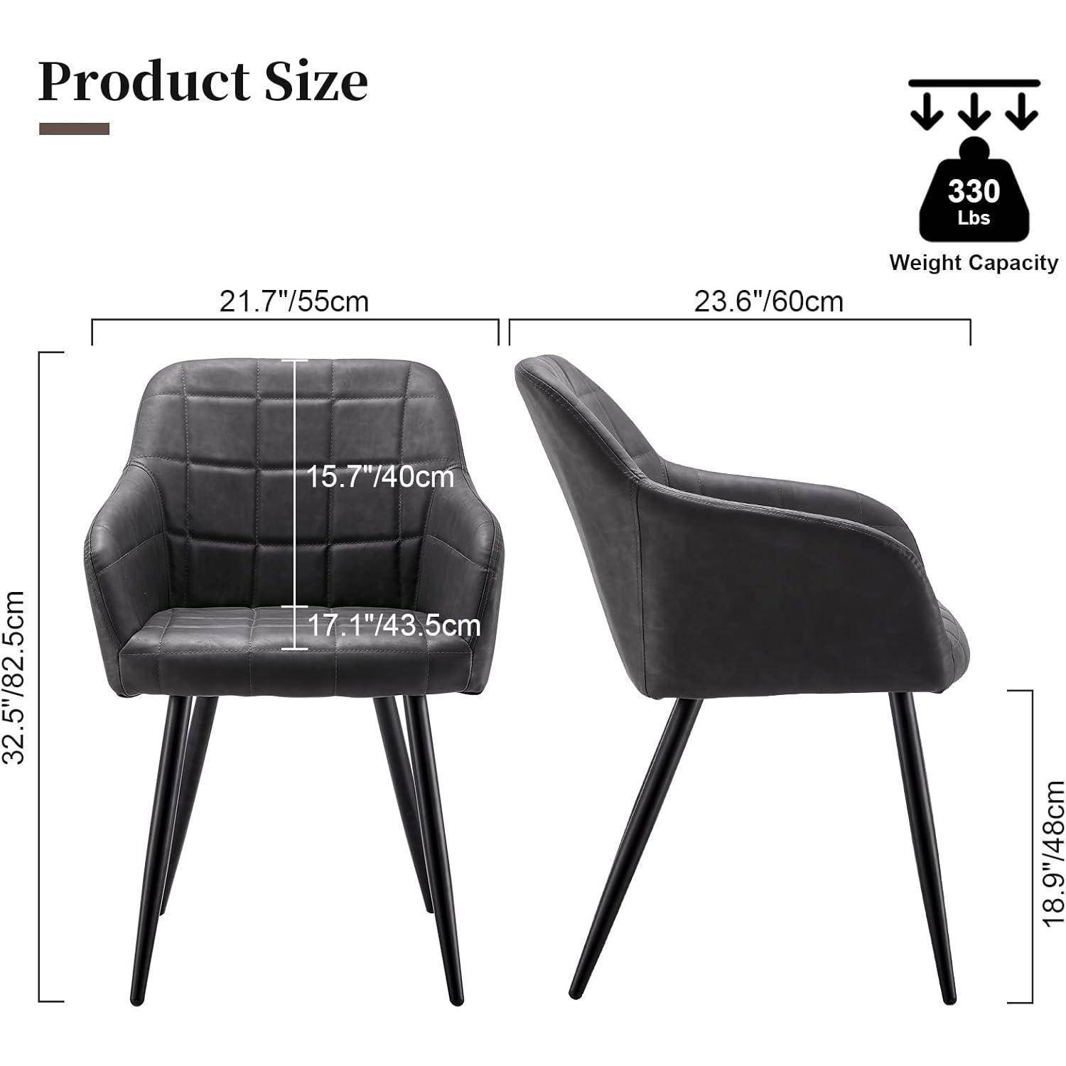 Produktgrößendiagramm eines schwarz gepolsterten Stuhls mit Maßen: 21,7 Zoll breit, 23,6 Zoll tief, 32,5 Zoll hoch, Sitz 15,7 Zoll hoch, 17,1 Zoll Sitzbreite; Gewichtsbegrenzung 330 Pfund.