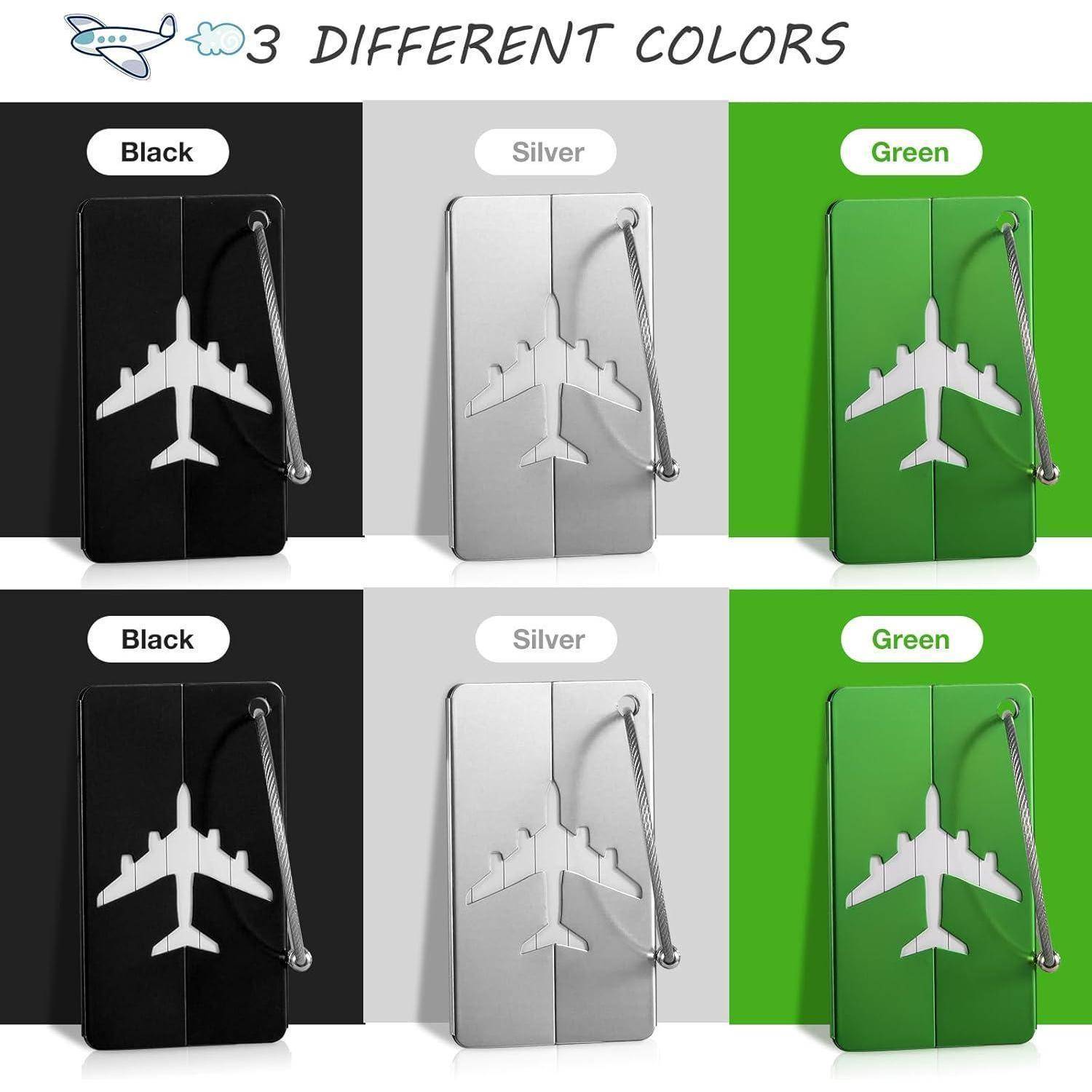 Produktbild mit einem Reisekoffer mit Flugzeugdesign, erhältlich in den Farben „Schwarz", „Silber"" und „Grün"".