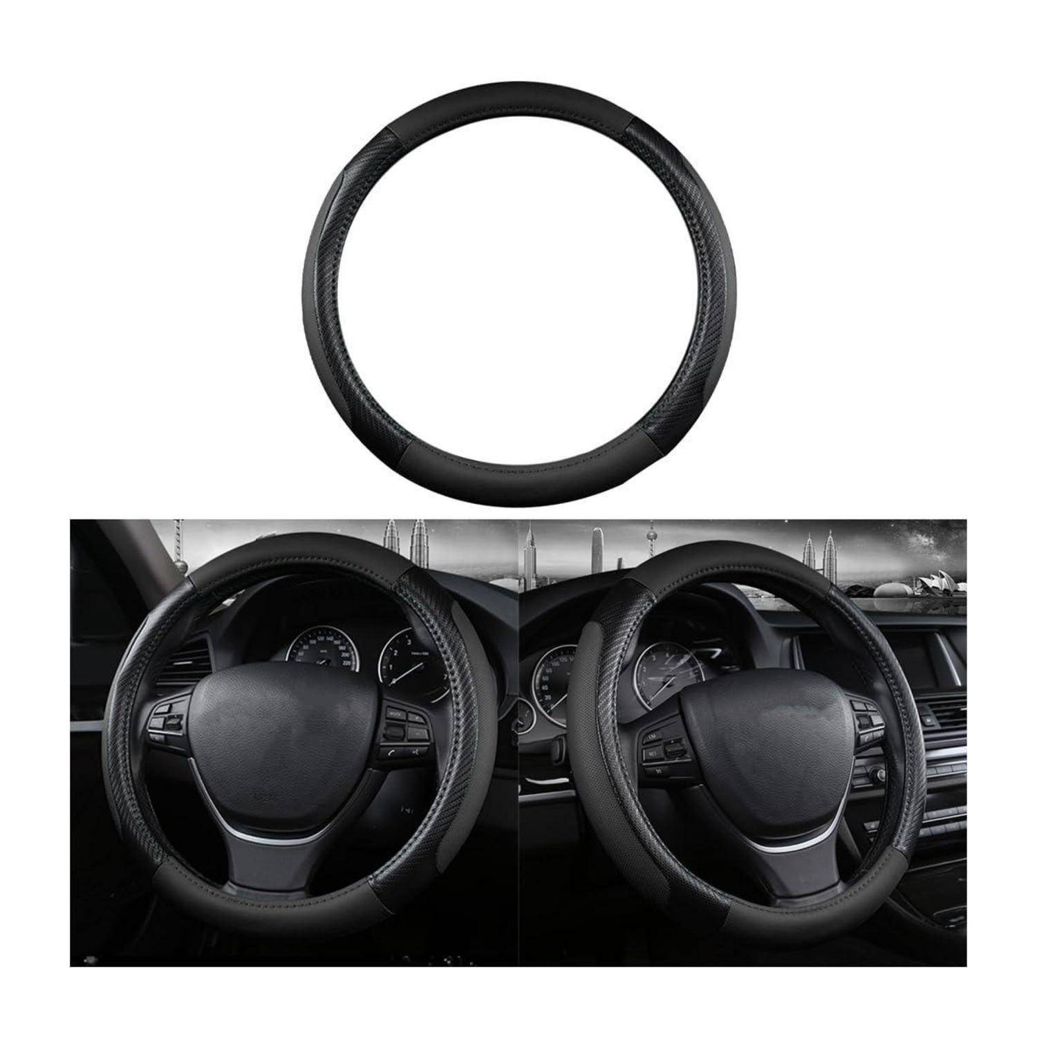 Schwarze Lederlenkradabdeckung, oben abgebildet, zwei Fotos davon auf einem Autolenkrad installiert, Armaturenbrett Innenraum.