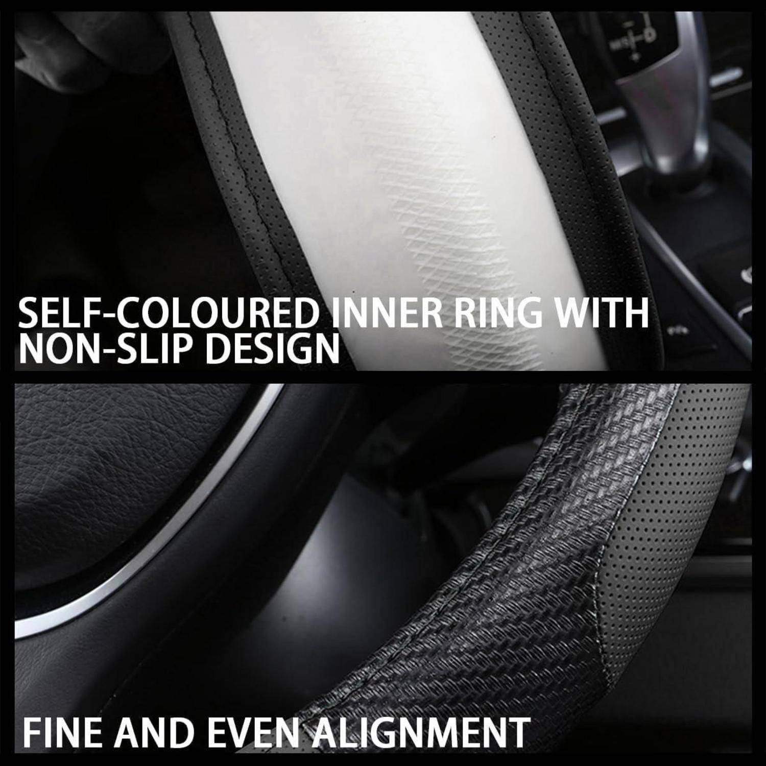 Nahaufnahme einer Autolenkradabdeckung mit einem gleichfarbigen inneren Ring mit rutschfestem Design und feiner, gleichmäßiger Ausrichtung.