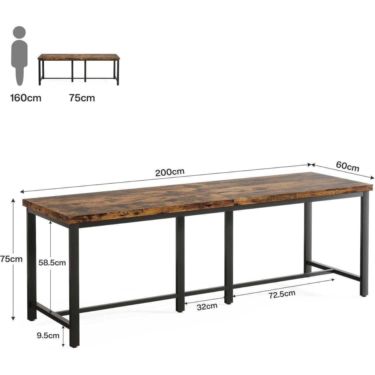 Abmessungsdiagramm eines rechteckigen Tisches: 200 cm lang, 60 cm tief, 75 cm hoch, mit 58,5 cm Beinfreiheit und 9,5 cm Sockelhöhe; die Abbildung zeigt einen Maßstab neben einer 160 cm großen Person.