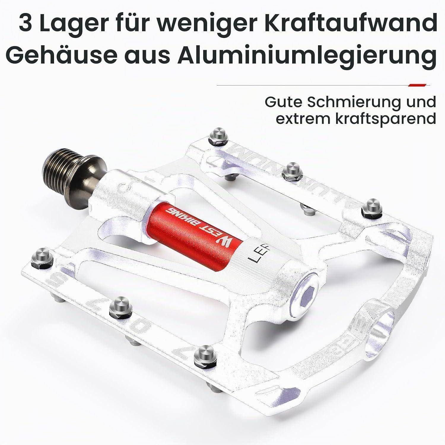 Werbebild eines Fahrradpedals mit Aluminium-Legierungskörper und drei Lagern, beschriftet auf Deutsch mit "3 Lager für weniger Kraftaufwand"" und ""Gute Schmierung und extrem kraftsparend"".