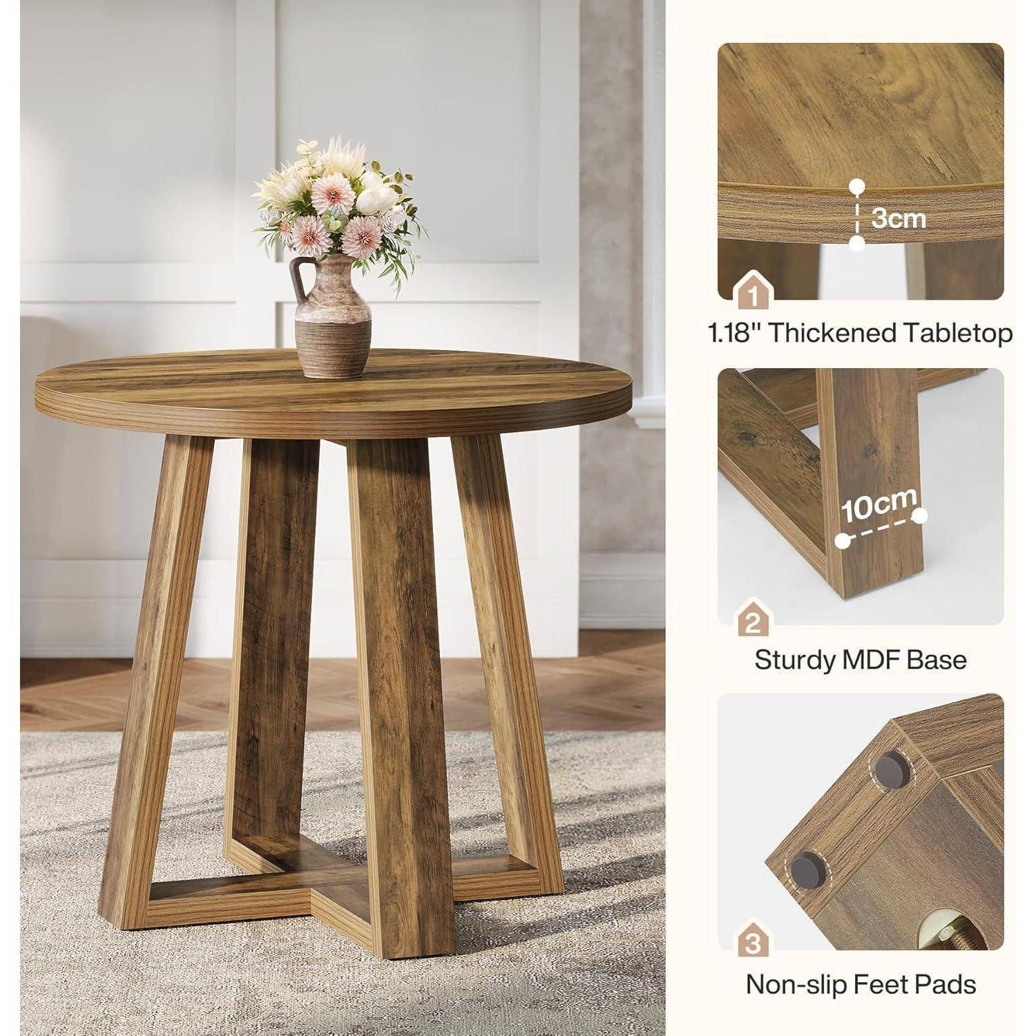 Runder Holz-Beistelltisch mit Blumenvase; eingefügte Legenden zeigen 3cm dicke Tischplatte, 10cm MDF-Sockel und rutschfeste Füßchen.