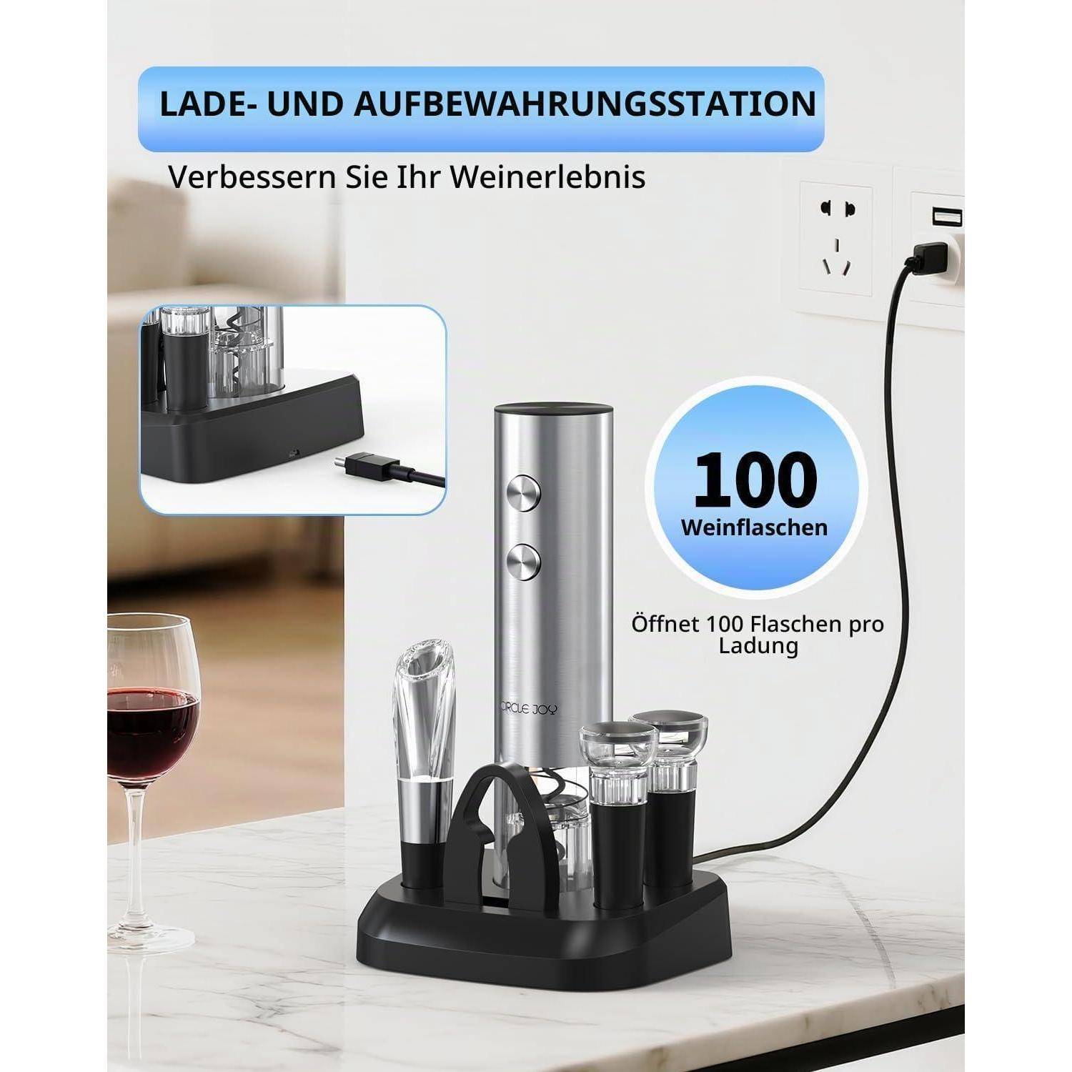 CIRCLE JOY Elektrischer Weinkorkenzieher mit Ladestation, 6-in-1 wiederaufladbares Weinöffner-Set, Korkenzieher aus Edelstahl mit Folienschneider