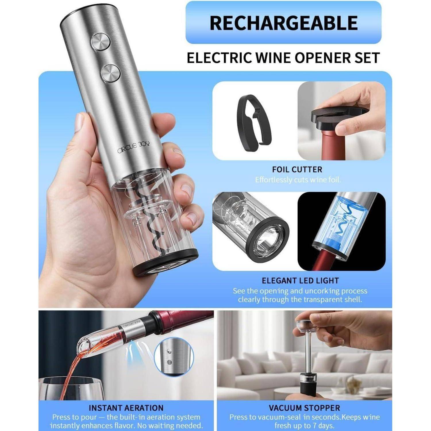 Werbegrafik eines wiederaufladbaren elektrischen Weinöffners-Sets mit Folienschneider, LED-Licht, sofortigem Belüfter und Vakuumstopfen mit beschrifteten Funktionsaufrufen.