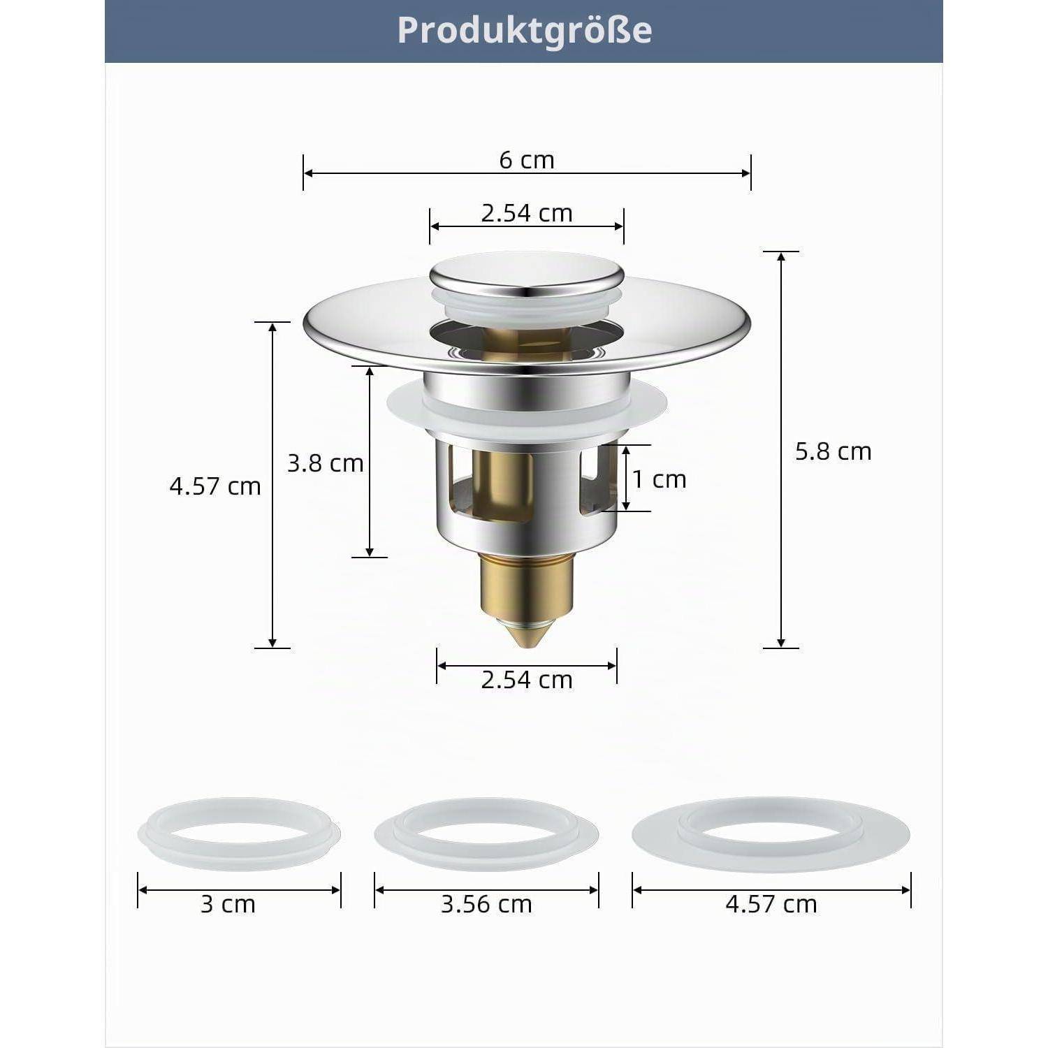 Größendiagramm für einen Metallabflussstopfen: 6 cm breit, 5,8 cm hoch; Hauptkörper 2,54 cm breit, mit Ringgrößenoptionen von 3 cm, 3,56 cm und 4,57 cm.
