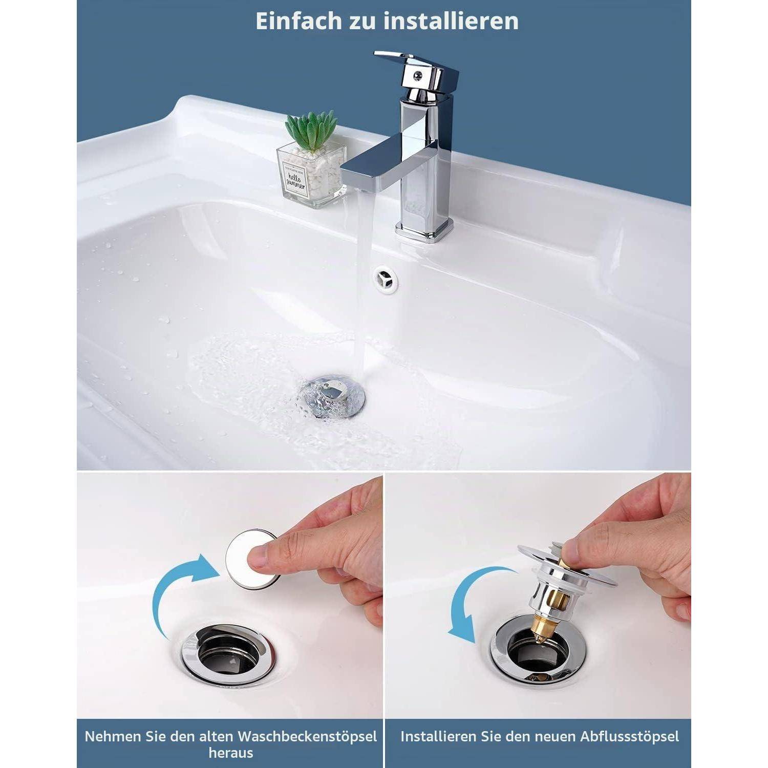 Instructional Anzeige zeigt eine Badezimmerspüle mit Wasserhahn und Ablaufgarnitur, mit deutschem Text „Einfach zu installieren