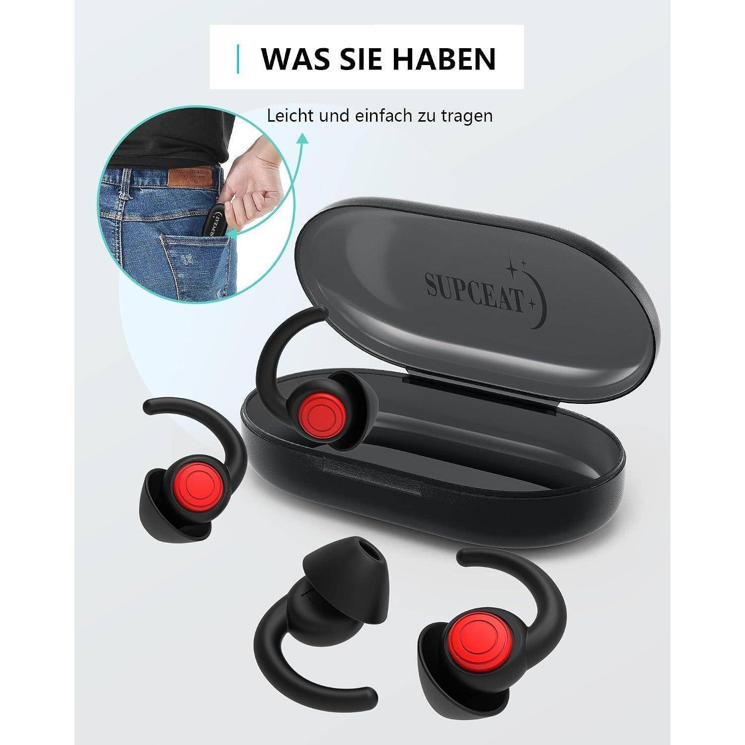 Produktbild von schwarzen kabellosen Ohrhörern mit roten Akzenten in einem offenen Ladecase, plus eine Nahaufnahme, die das Case an einer Taille befestigt zeigt, um es leicht zu transportieren.