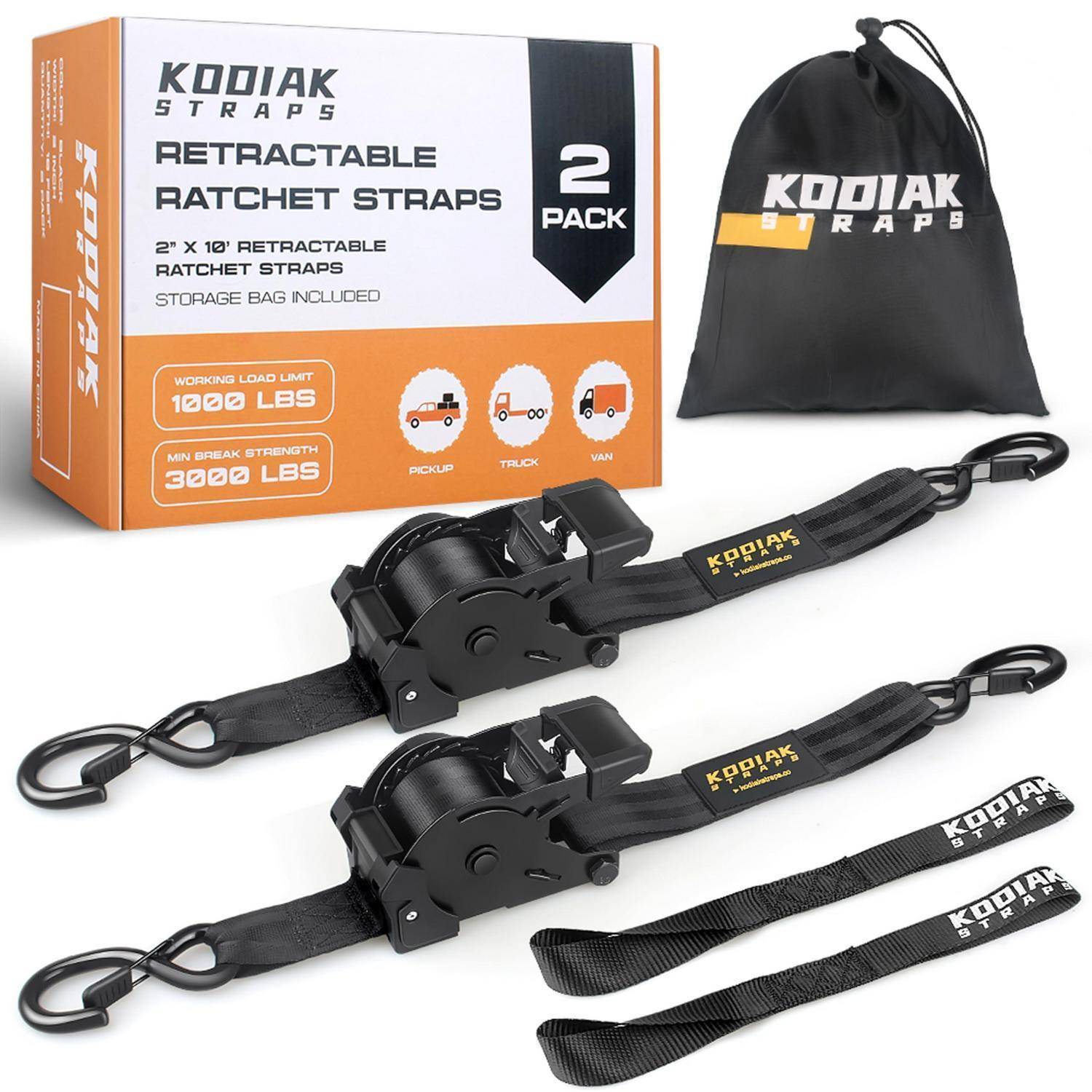 Kodiak 2er-Pack einziehbare Ratschengurte mit Aufbewahrungstasche, gezeigt mit zwei schwarzen Gurten und Ratschenmechanismen, bewertet mit 1000 lb Arbeitslast und 3000 lb Bruchfestigkeit.
