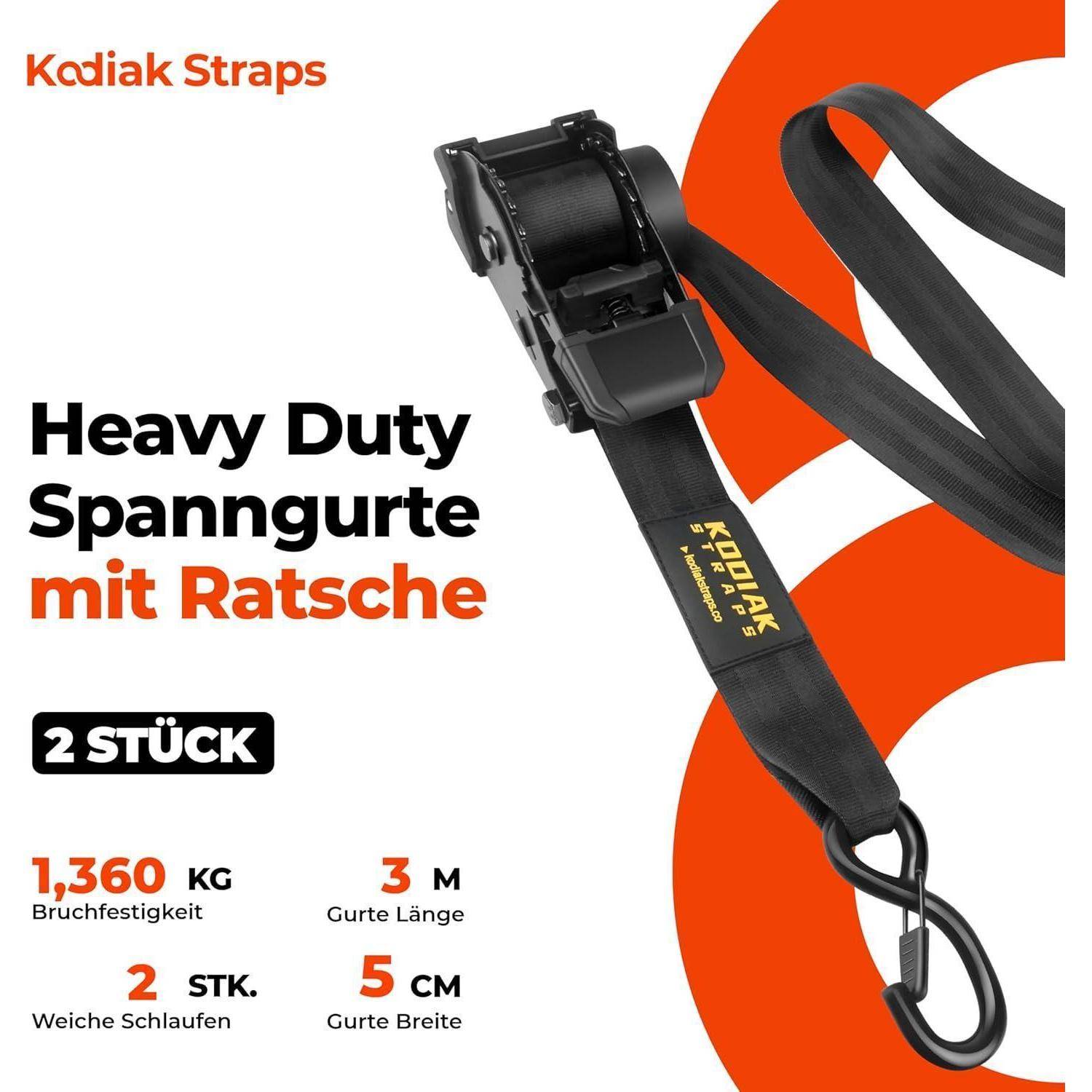 Produktbild eines Kodiak Straps schwerlast-Ratschengurts, dargestellt mit metallischer Ratsche und Haken; Text hebt 2 Stück hervor, Bruchfestigkeit von 1.360 kg, 3 m Länge, 5 cm Breite und weiche Schlaufen.