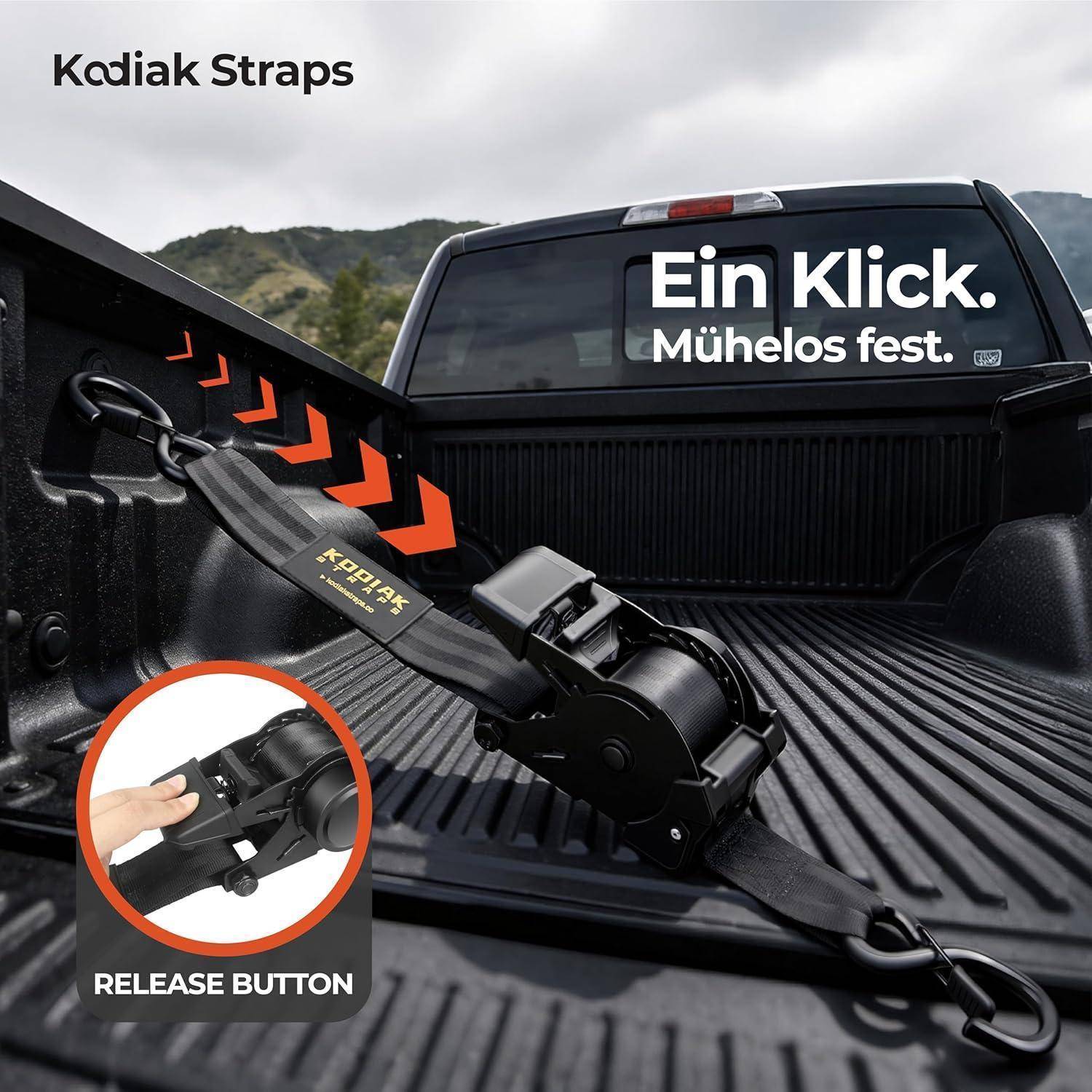 Kodiak Straps Ratschensicherungsgurt in einer Pickup-Truck-Ladefläche, mit Text „Ein Klick. Mühelos fest.