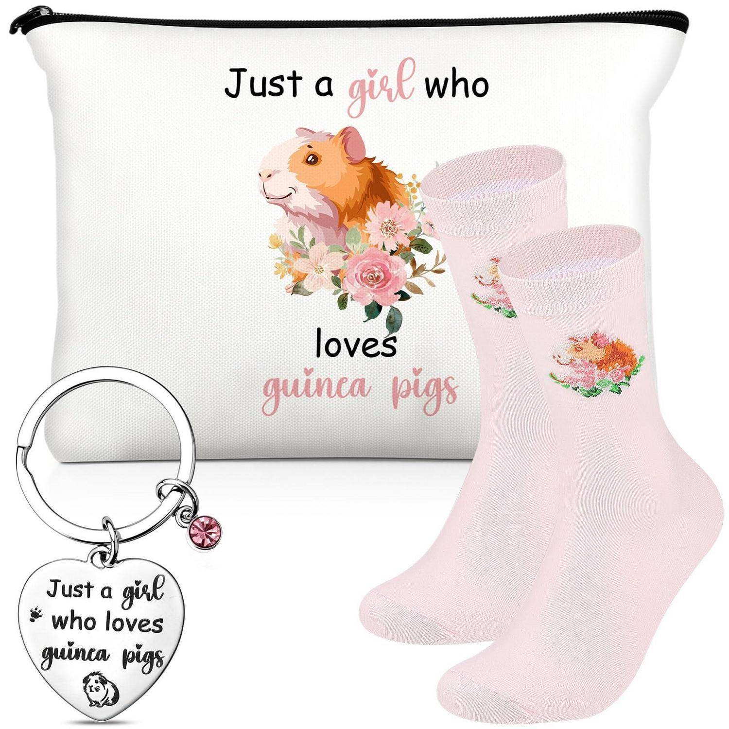 Geschenkset mit weißem Beutel, rosa Socken und Herzanhänger mit Meerschweinchen und dem Text „Just a girl who loves guinea pigs