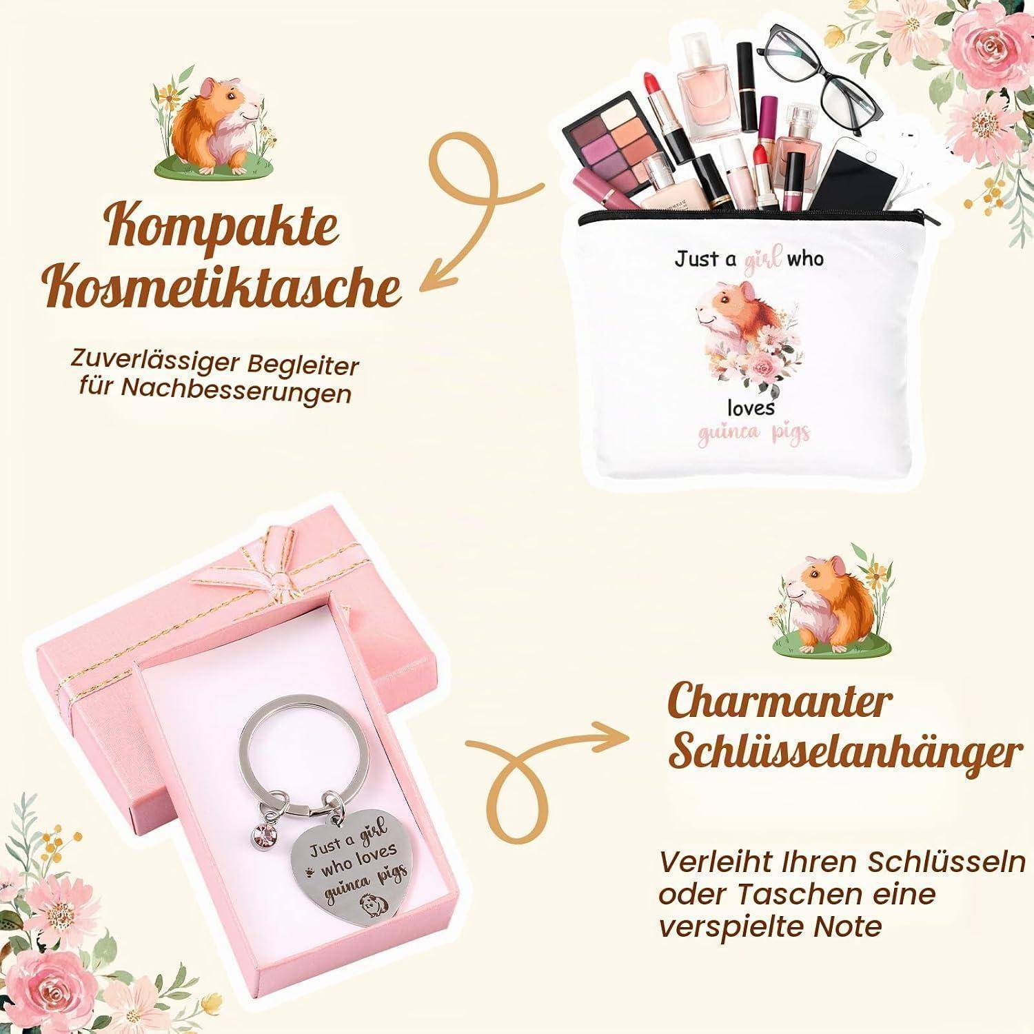Werbekollage einer kompakten Kosmetiktasche und eines Schlüsselanhängers; zeigt die Tasche mit Make-up-Artikeln und den Schlüsselanhänger in einer rosa Geschenkbox, beschriftet auf Deutsch als praktische Begleiter für Nachbesserungen und eine persönliche Note für Schlüssel oder Taschen.