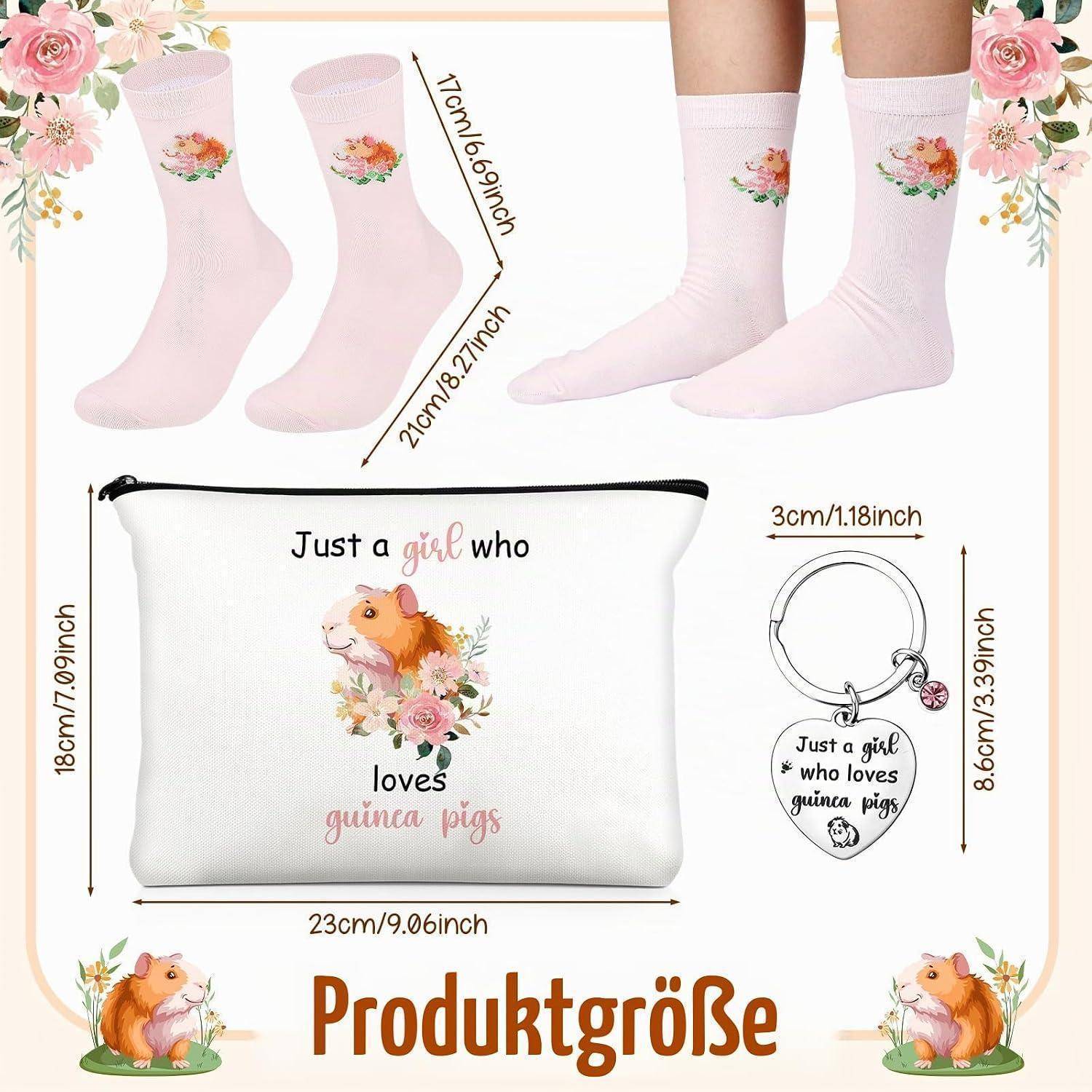 Größentabelle für Produkte mit rosa Blumensocken, einer Reißverschlusstasche mit der Aufschrift „Just a girl who loves guinea pigs