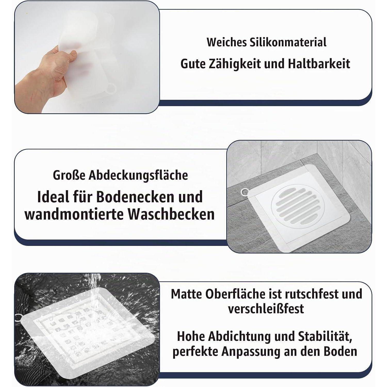 Deutsches Produktgrafik, das eine Silikon-Bodenablaufabdeckung zeigt: weich, langlebig, große Abdeckung, rutschfest, verschleißfest und gut versiegelt für Eck- oder wandmontierte Waschbecken.