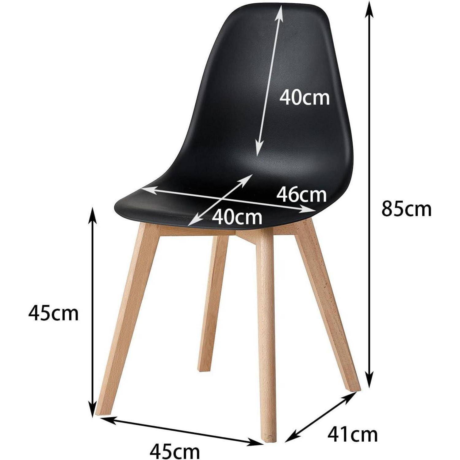 Schwarzer Stuhl mit Holzbeinen, mit folgenden Abmessungen: 85 cm hoch, Sitzfläche 45 cm hoch, 46 cm breit, 40 cm tief, Basis 45 mal 41 cm.