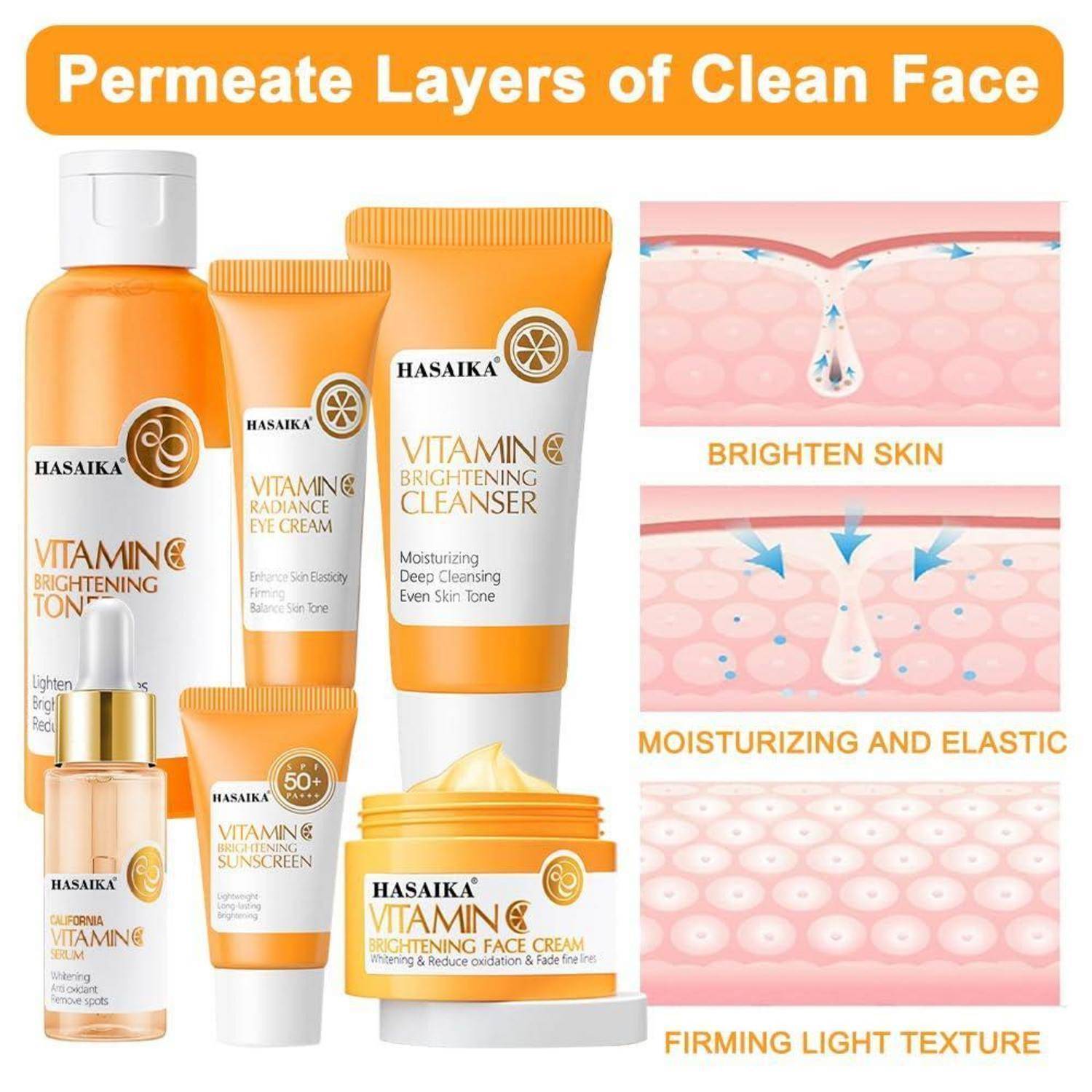 Vitamin C Hautpflegeset, Hautpflege Geschenkset für Anti Aging Aufhellung Feuchtigkeitsspendendes Hautpflege Set Geschenkset, 6 Stück