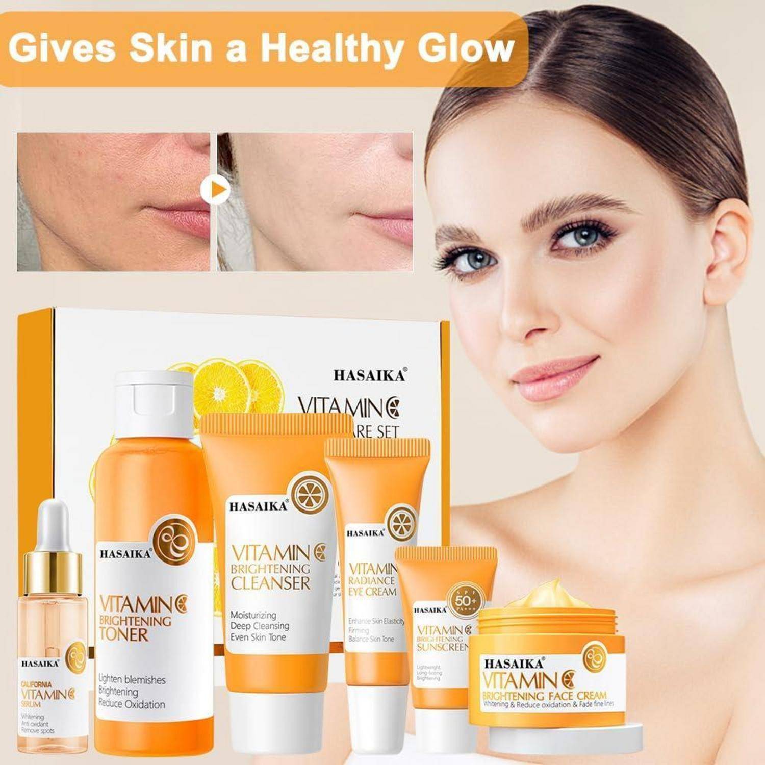Schönheitsanzeige mit dem Gesicht einer Frau und Hasaika Vitamin C Hautpflegeprodukten, mit 