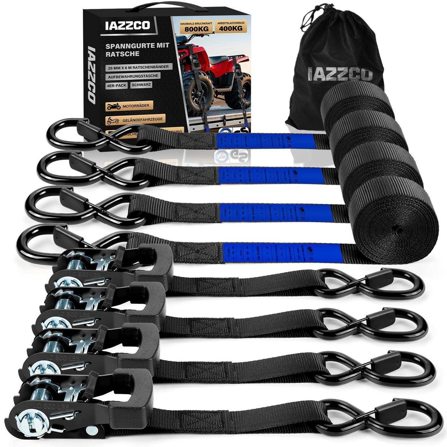 Stapel schwarzer Ratschengurte mit Haken, mit der Bezeichnung JAZZCO, gezeigt mit Verpackung und einer Aufbewahrungstasche zum Sichern von Fracht auf Motorrädern oder Fahrzeugen.