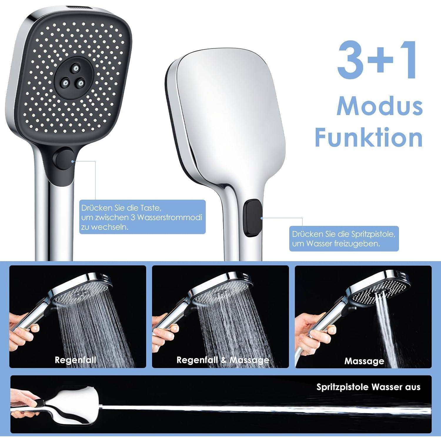 Duschkopf mit 3+1-Modusfunktion, zeigt Regen-, Regen- und Massagefunktion, Massagefunktion und Wasserstop-Einstellungen mit Sprühregelungsknopf.