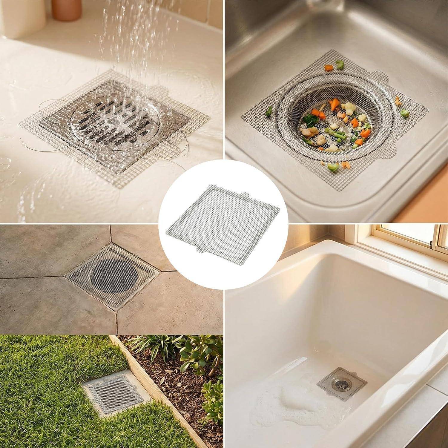 Collage zeigt eine quadratische Siebabdeckung für Abflüsse in Betrieb über Spülbecken, Dusche, Badewanne und Außenabflüssen, um Ablagerungen aufzufangen und Verstopfungen zu reduzieren.