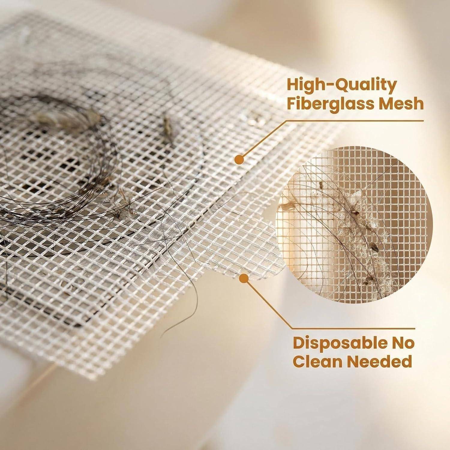 Nahaufnahme eines weißen Glasfasergitterfilters über Verschmutzungen, beschriftet mit „Hochqualitativer Glasfasergitter