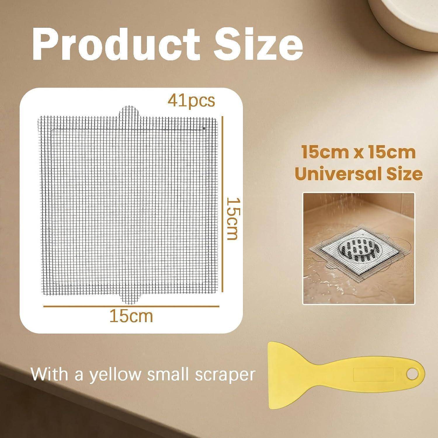 Produktgrößengrafik mit 41 Stück universeller Entwässerungsabdeckungen in 15 cm x 15 cm und einem gelben kleinen Schaber.