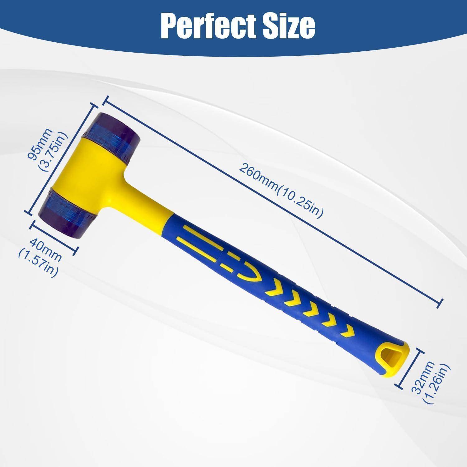 Produktgrößendiagramm eines blau-gelben Hammers, beschriftet mit „Perfekte Größe