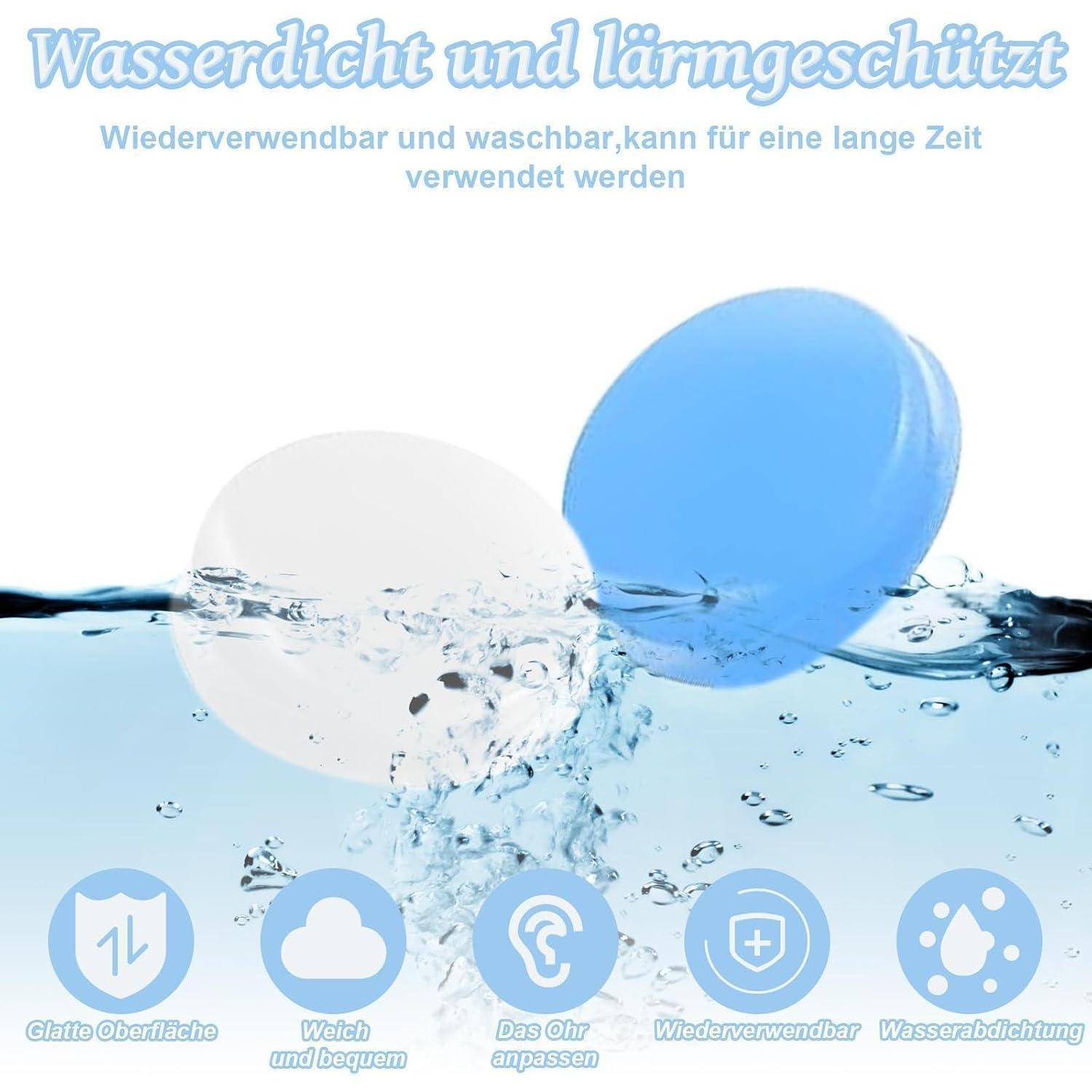 Zwei wasserdichte Ohrstöpsel im Wasser gezeigt, einer klar und einer blau, mit deutschem Text, der besagt, dass sie wiederverwendbar, waschbar und schalldicht sind.