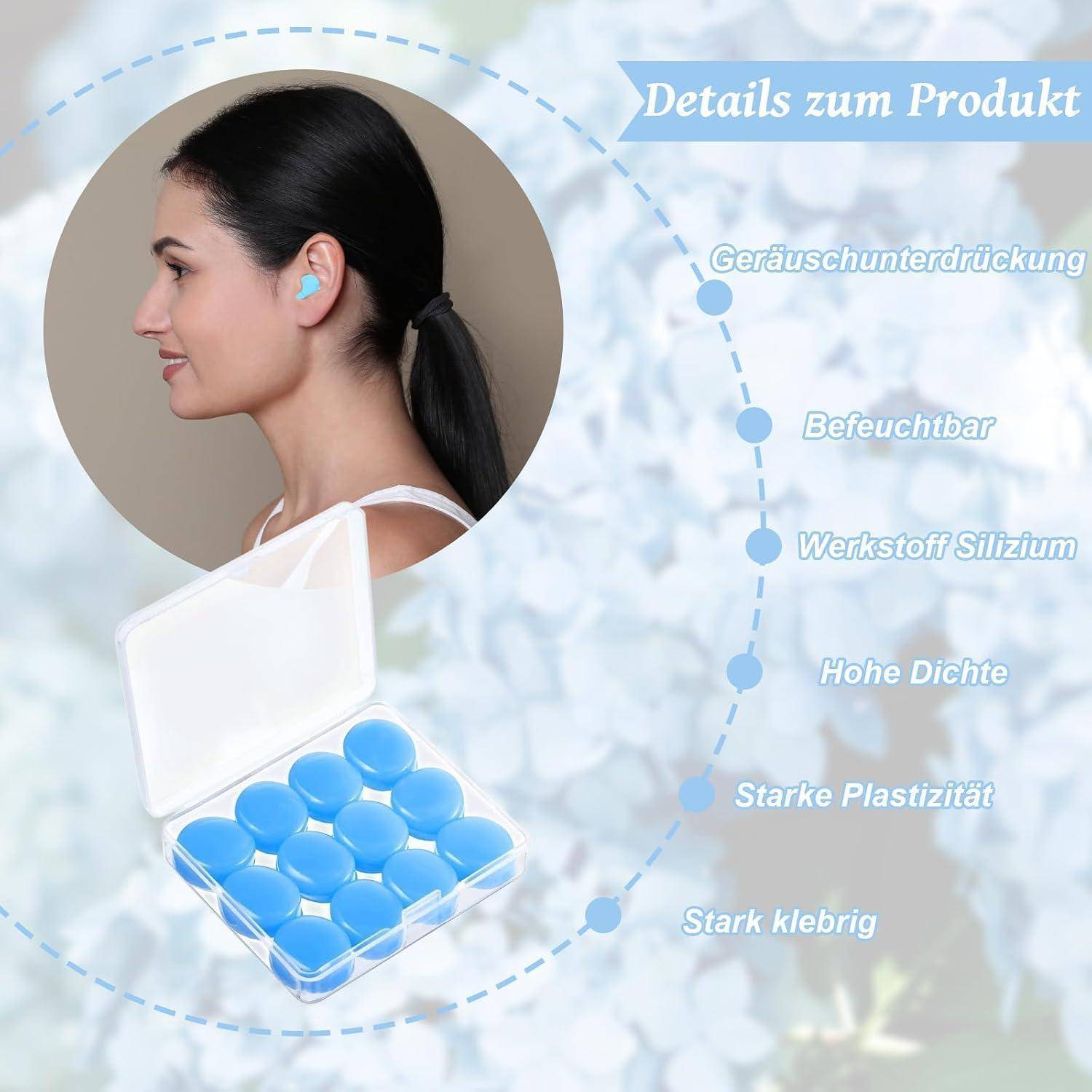 Produktdetails-Grafik mit Silikon-Ohrstöpseln in einem Behälter und einer Frau, die einen trägt; aufgeführte Merkmale: Lärmminderung, feuchtigkeitspflege, Silikonmaterial, hohe Dichte, starke Flexibilität und starke Haftung.