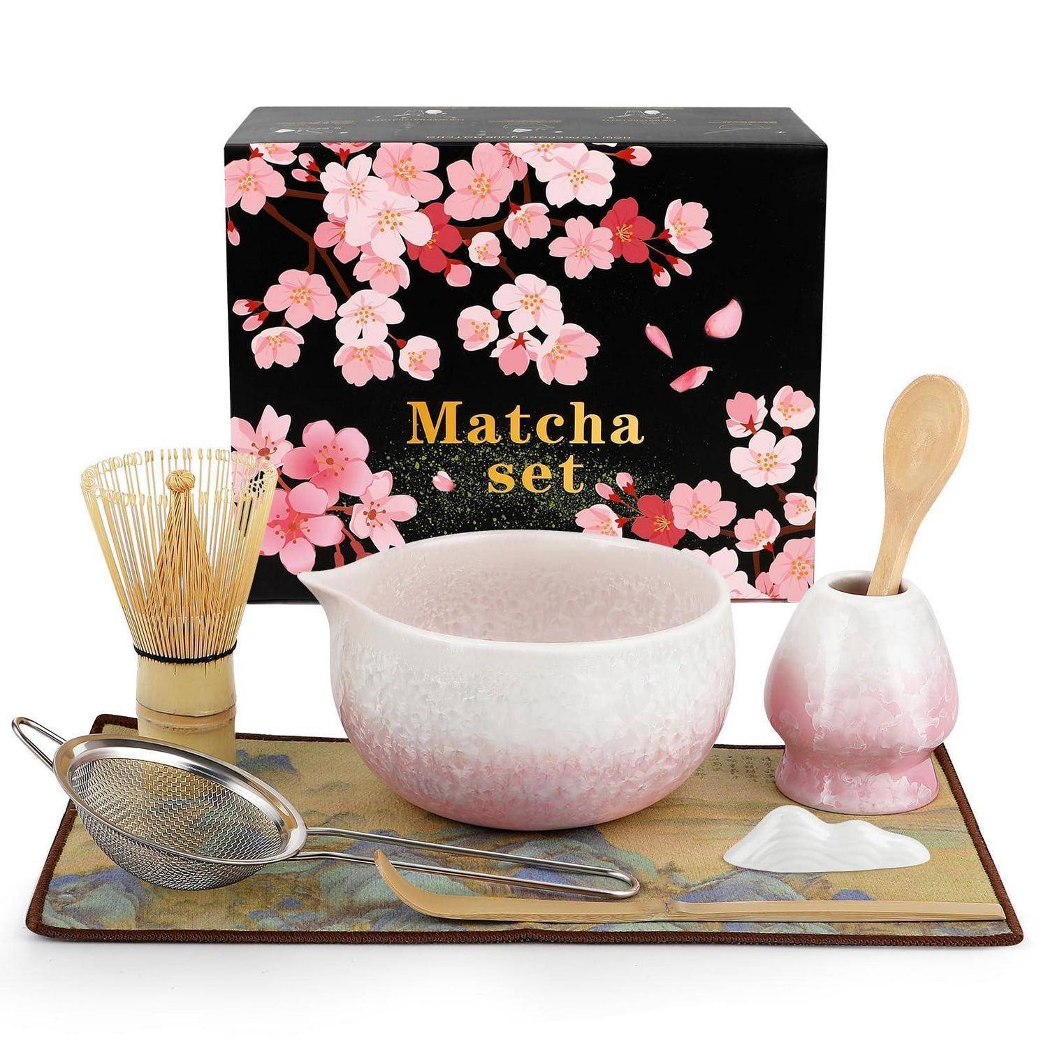 8 Stück Matcha Set, Matcha Besen Set, Crystal Flower Matcha Set Mit Schale, Besen Mit Halter, Löffel, Sieb & Teetuch für Matcha-Liebhaber und Anfä