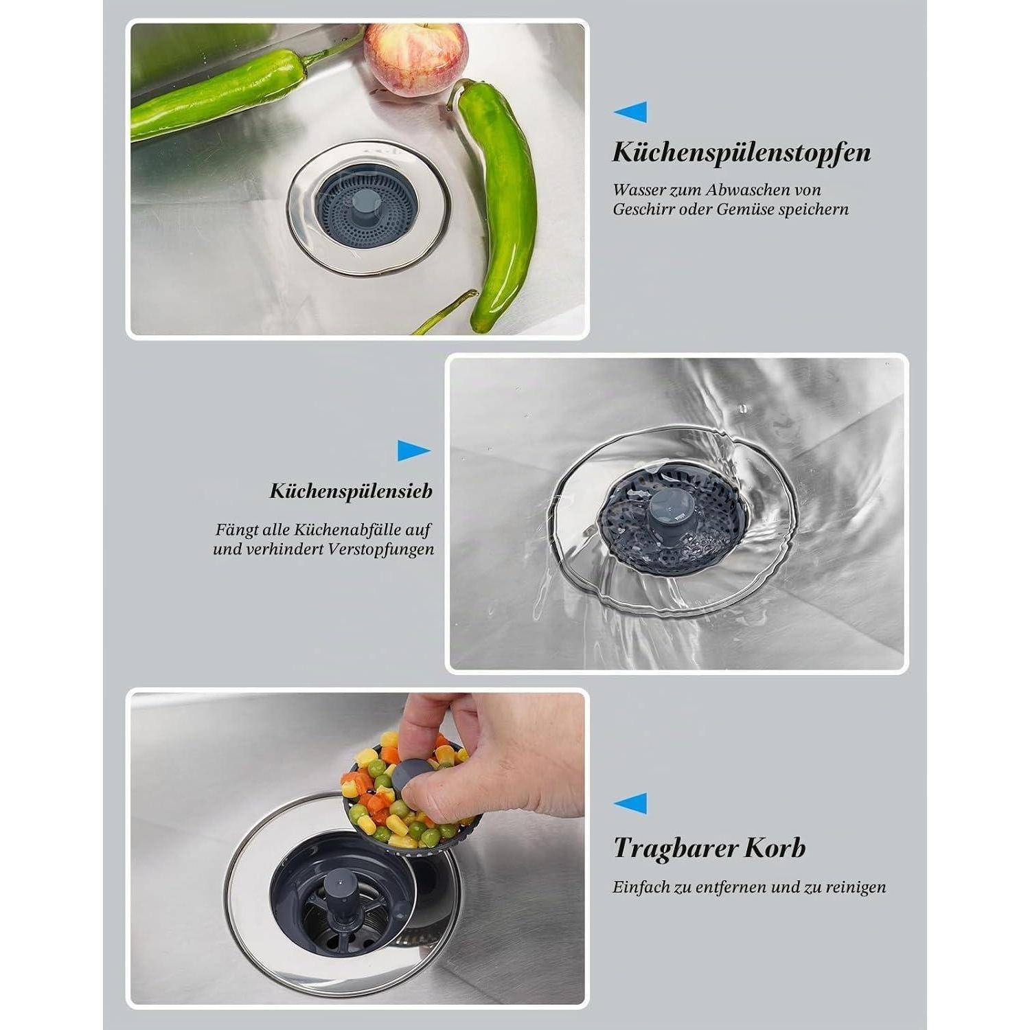 Infografik mit drei Spülenzubehörteilen: 'Küchenspülenstopfen' zum Ablassen oder Lagern von Spülwasser, 'Küchenspülsieb' zum Auffangen von Speiseresten und 'Tragbarer Korb' zur einfachen Entfernung und Reinigung.