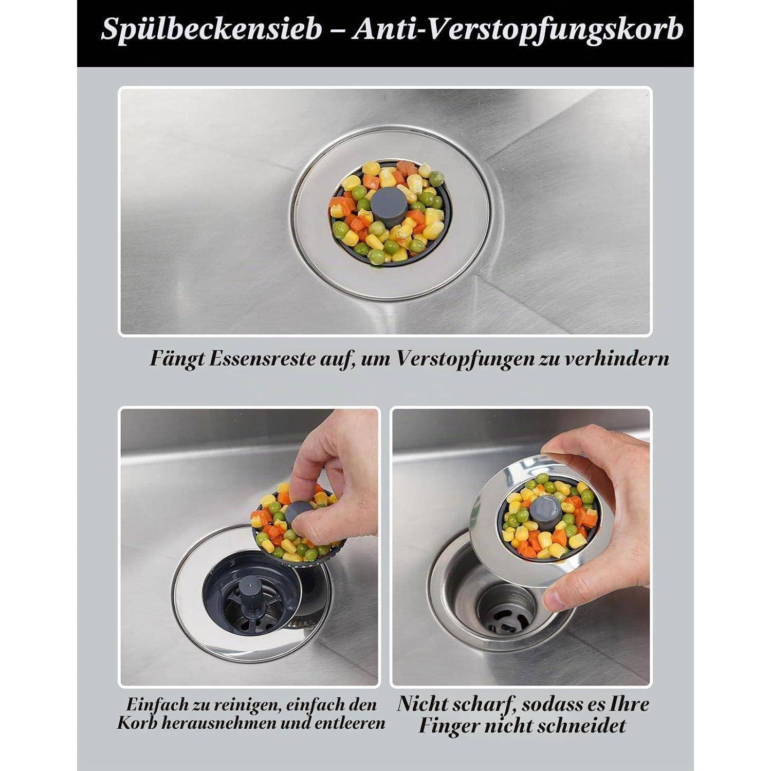 Spülbeckensieb mit Anti-Verstopfungs-Korb fängt Essensreste auf, um Verstopfungen zu verhindern; gezeigt eingesetzt in einem Spülbeckenablauf und herausgehoben zur einfachen Entleerung.