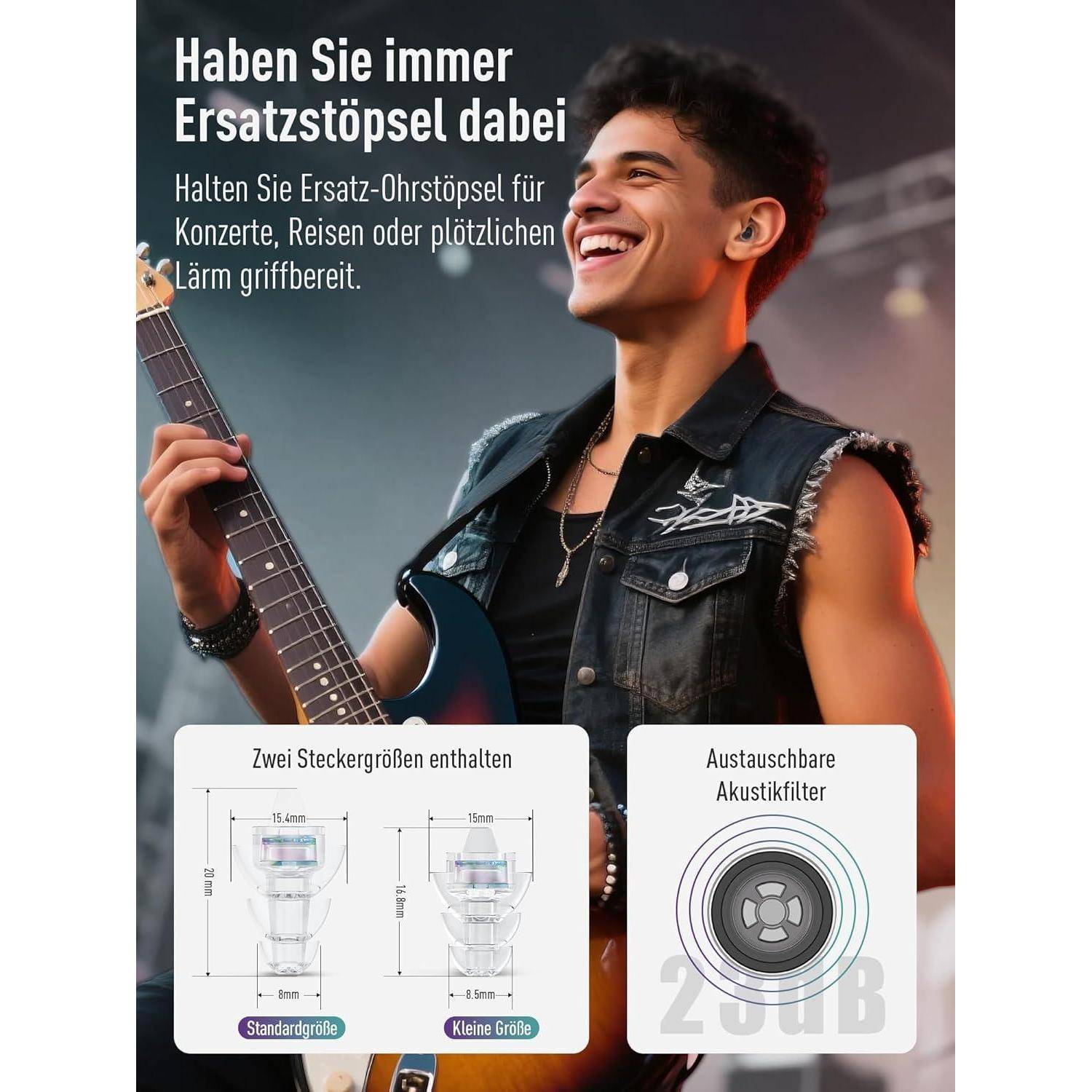 Werbebild eines lächelnden Gitarristen mit deutschem Text: „Immer Ohrstöpsel zum Wechseln dabei haben.